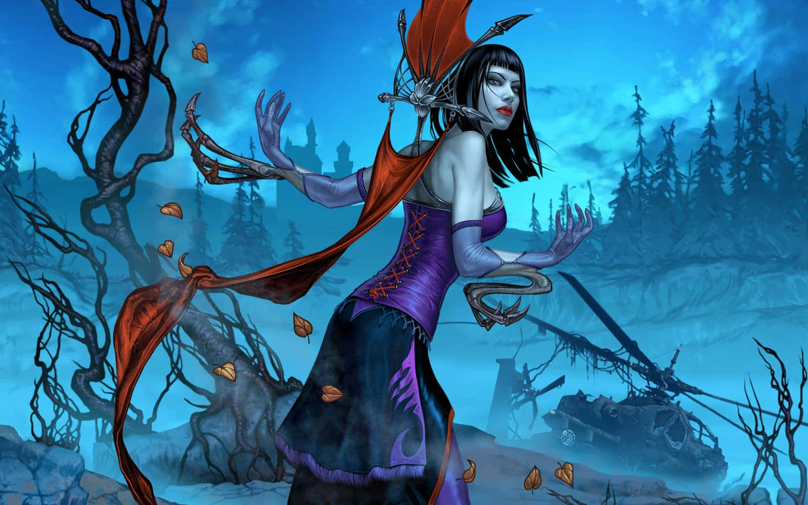 奇幻藝術 桌布 壁紙 — 一位黑暗奇幻女巫，身穿紅色斗篷，雙手如骷髏，站在扭曲的樹木和墜毀的直升機之間，背景是暴風雨的藍天。