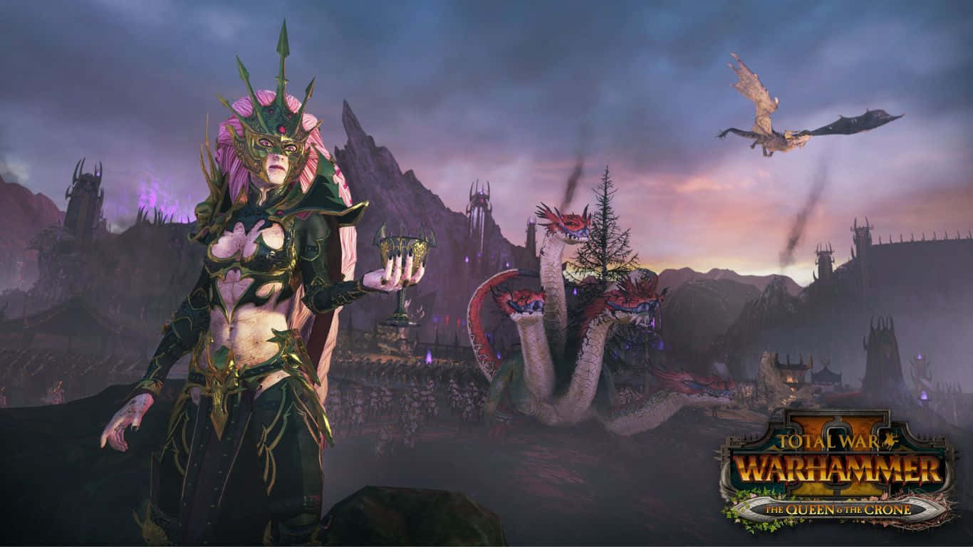 身穿華麗盔甲的奇幻女王，在暮色中手持高腳杯，身後有一條巨龍。 — 電玩遊戲 GIF 壁紙