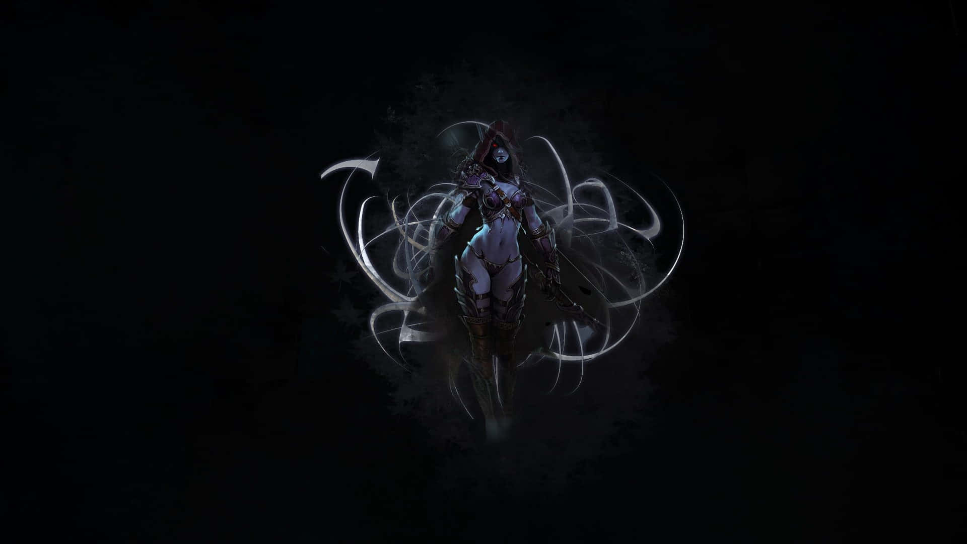 魔獸世界 桌布 壁紙 — 一位黑暗奇幻戰士，在黑色虛空中，發光的白色能量在她周圍旋轉。