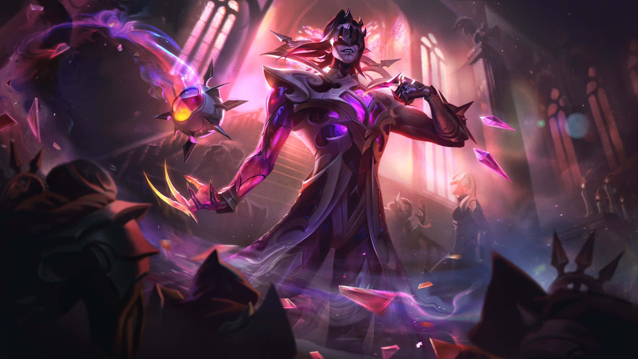 Best League Of Legends 桌布 壁紙 — 一位黑暗奇幻戰士，帶有發光的紫色能量和鋒利的爪子，勝利地站在充滿漂浮碎片和神秘光線的哥德式大教堂中。