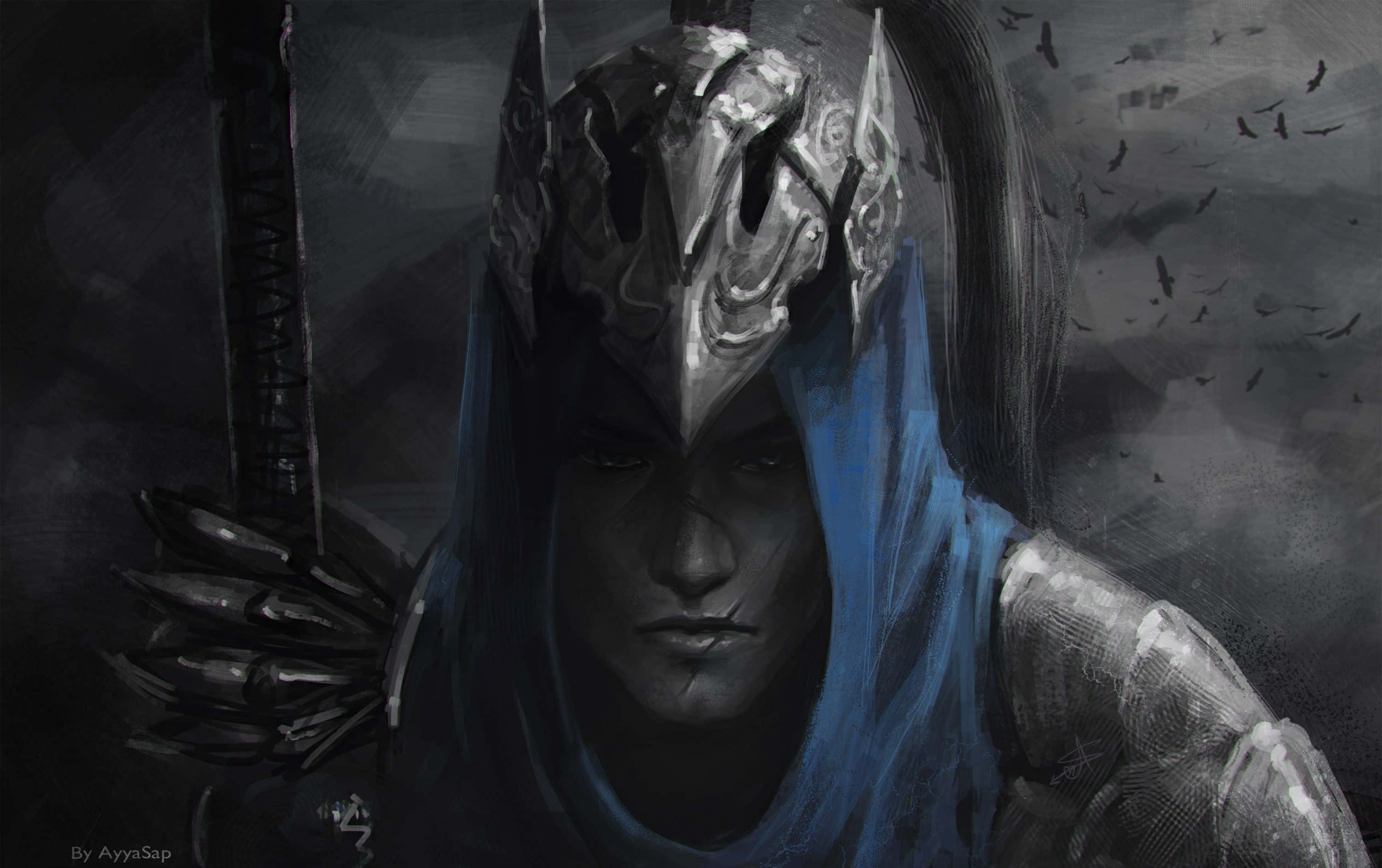 Artorias The Abysswalker 桌布 壁紙 — 一位黑暗奇幻戰士，戴著華麗的銀色頭盔和藍色兜帽，在暴風雨天空和飛鳥的背景下凝視著。