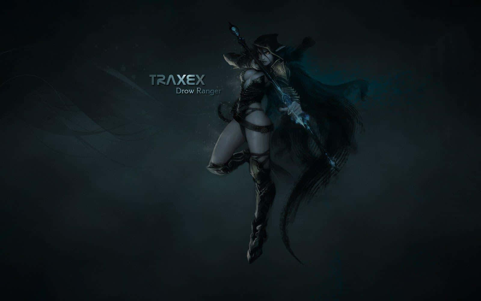 Drow Ranger 桌布 壁紙 — 一位黑暗奇幻戰士，披著飄逸的斗篷，手持發光武器，漂浮在煙霧繚繞、陰影重重的背景中。