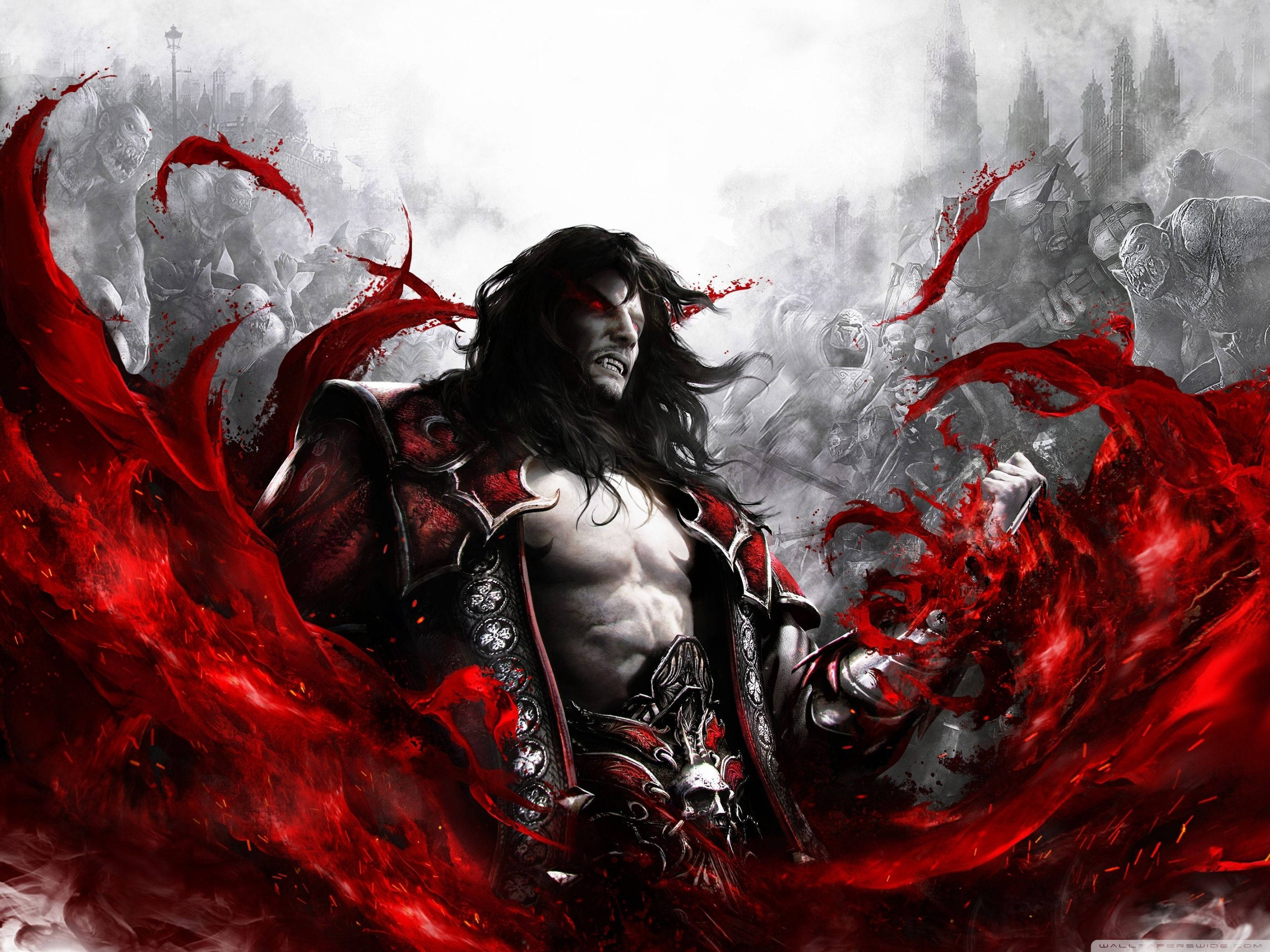 Castlevania 桌布 壁紙 — 一位黑暗奇幻戰士，擁有發光的紅色眼睛和流動的紅色能量，在陰影士兵的戰場中揮舞著劍。