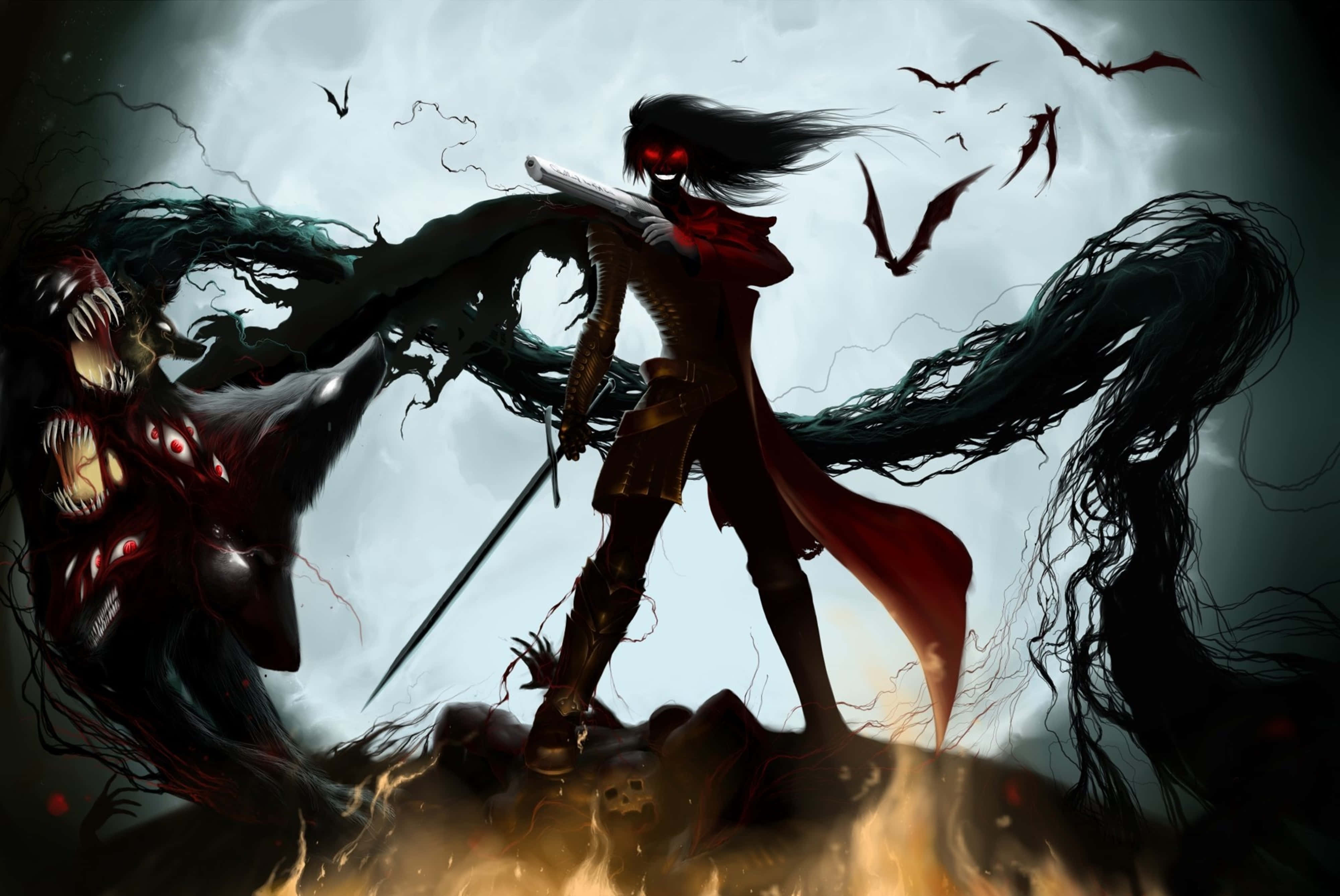 Hellsing Ultimate 4K 桌布 壁紙 — 一位黑暗奇幻戰士，擁有發光的紅色眼睛和飄逸的黑髮，在旋轉的陰影和飛翔的蝙蝠中揮劍對抗一個怪物般的生物。