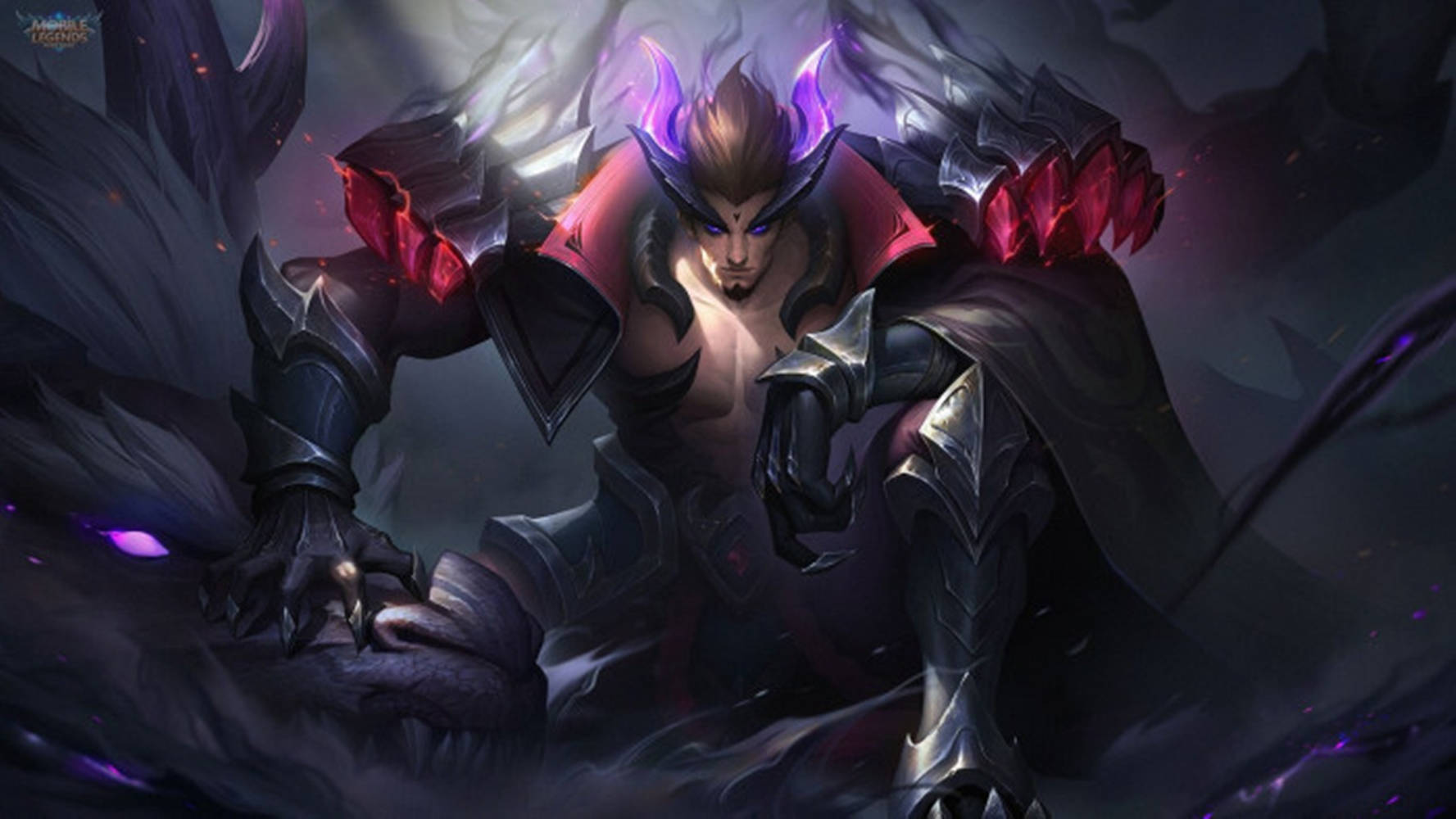 Mobile Legends 動態圖 桌布 壁紙 — 一位黑暗奇幻戰士，擁有發光的紫色角和紅色盔甲，蹲伏在暴風雲和發光粒子之中。