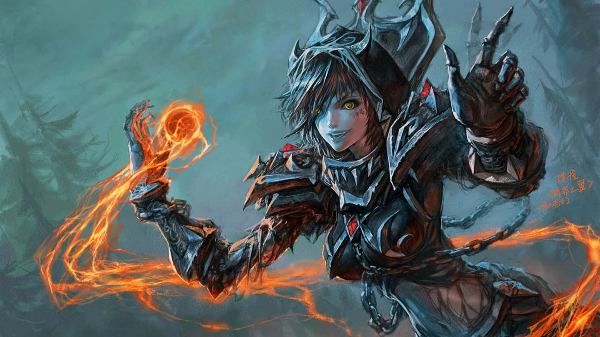 game 桌布 壁紙 — 一位黑暗奇幻戰士，擁有發光的黃色眼睛和尖刺盔甲，在迷霧森林中引導火焰魔法。
