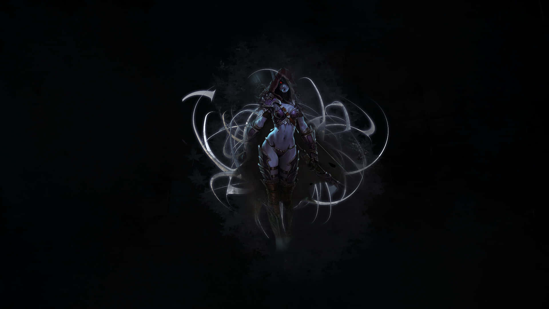 Sylvanas Windrunner 桌布 壁紙 — 一位黑暗奇幻戰士，白色發光能量在黑色虛空中圍繞她旋轉。
