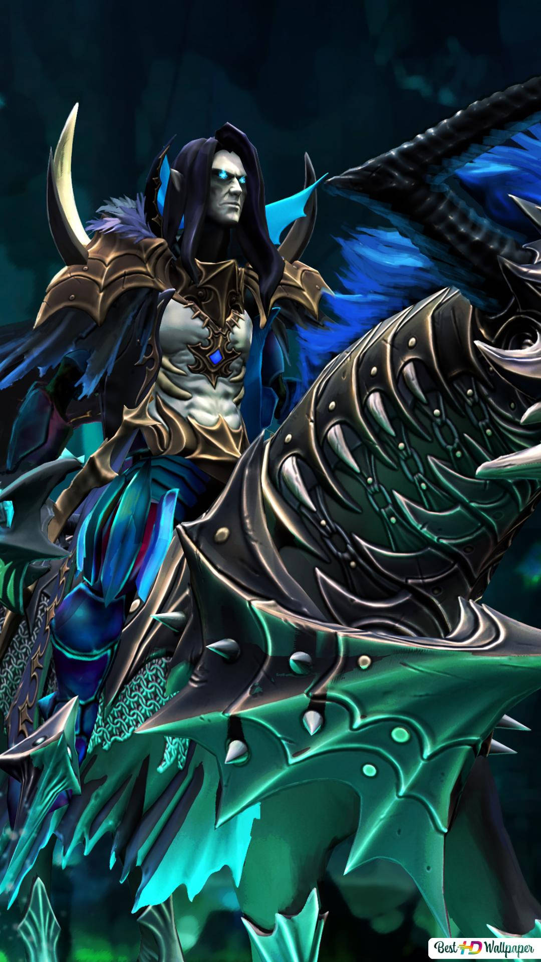 dota 2 iPhone 桌布 壁紙 — 一位黑暗奇幻戰士，眼睛發光，騎著一隻帶刺的綠色龍，背景是陰影藍色。