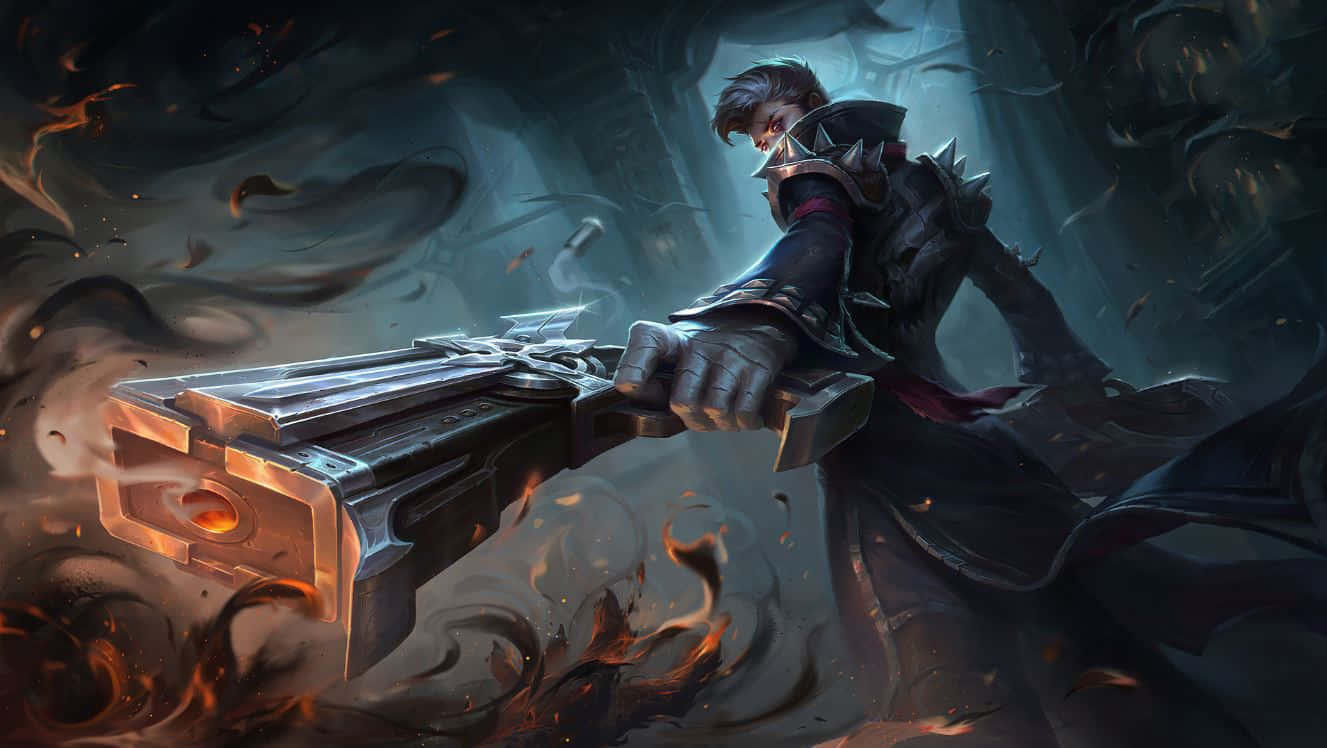 Mobile Gaming 桌布 壁紙 — 一位黑暗奇幻戰士在陰暗洞穴中，於旋轉的煙霧和餘燼中緊握著巨大的發光加農炮。
