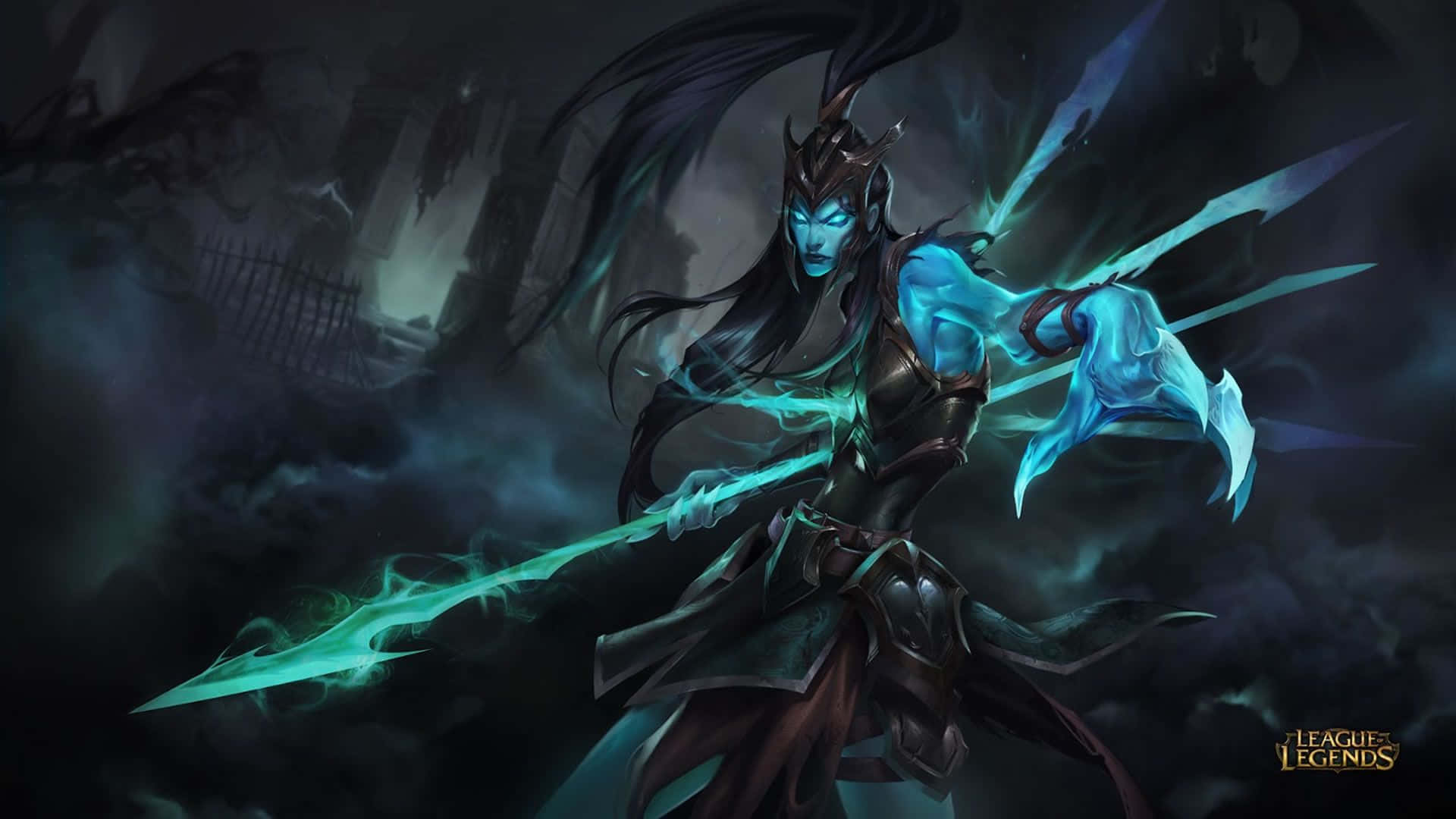 1920x1080 League Of Legends 桌布 壁紙 — 一位黑暗奇幻戰士帶著發光的藍色能量，在暴風雨哥德式背景下揮舞著一把幽靈劍。