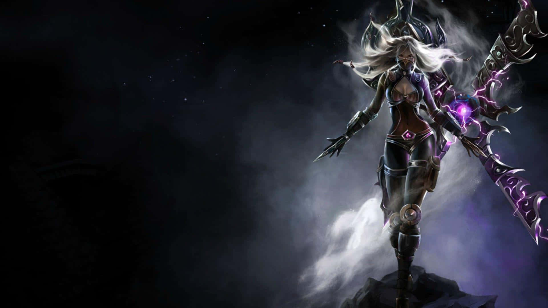 Best League Of Legends 桌布 壁紙 — 一位黑暗奇幻戰士手持發光紫色武器，站在岩石山峰上，背景是繁星點點的夜空。