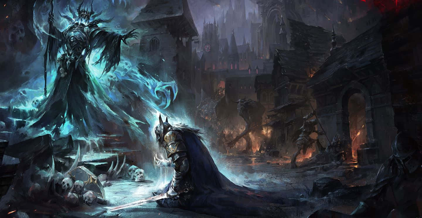 Sorcerer 桌布 壁紙 — 一位黑暗奇幻戰士跪在一個高聳的冰封巫師面前，周圍是燃燒的中世紀廢墟。