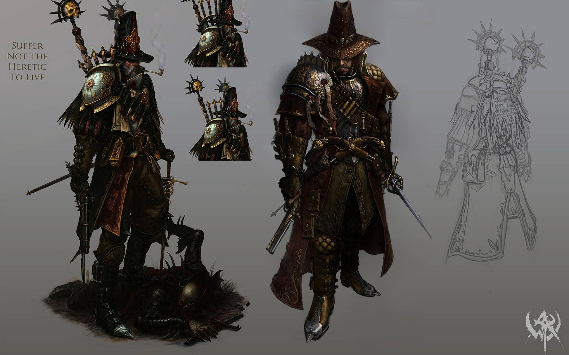 Total War Warhammer 2 桌布 壁紙 — 一位黑暗奇幻戰士身穿華麗尖刺盔甲，揮舞著尖刺法杖和劍，站在倒下的敵人之上，附近有草圖和概念藝術。
