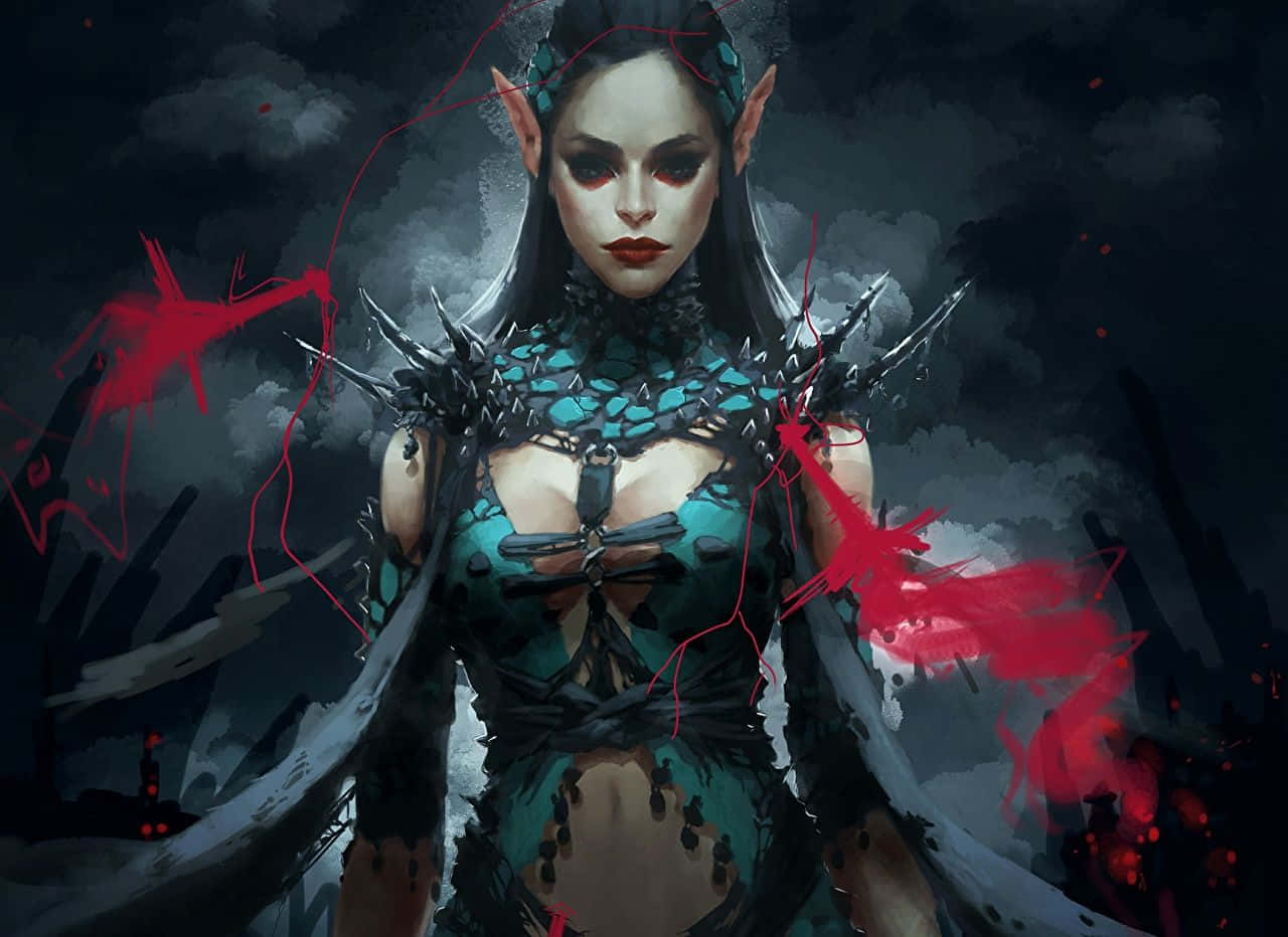 Dark Witch 桌布 壁紙 — 一位黑暗奇幻精靈女王，擁有發光的紅色眼睛和帶尖刺的藍綠色盔甲，站在暴風雲中，紅色能量觸鬚在她周圍旋轉。