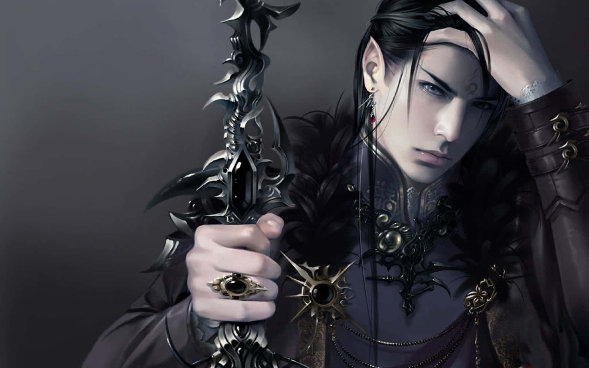 Evil Fairy 桌布 壁紙 — 一位黑暗奇幻精靈戰士，長長的黑髮，手持華麗的銀劍，頭靠在手上。