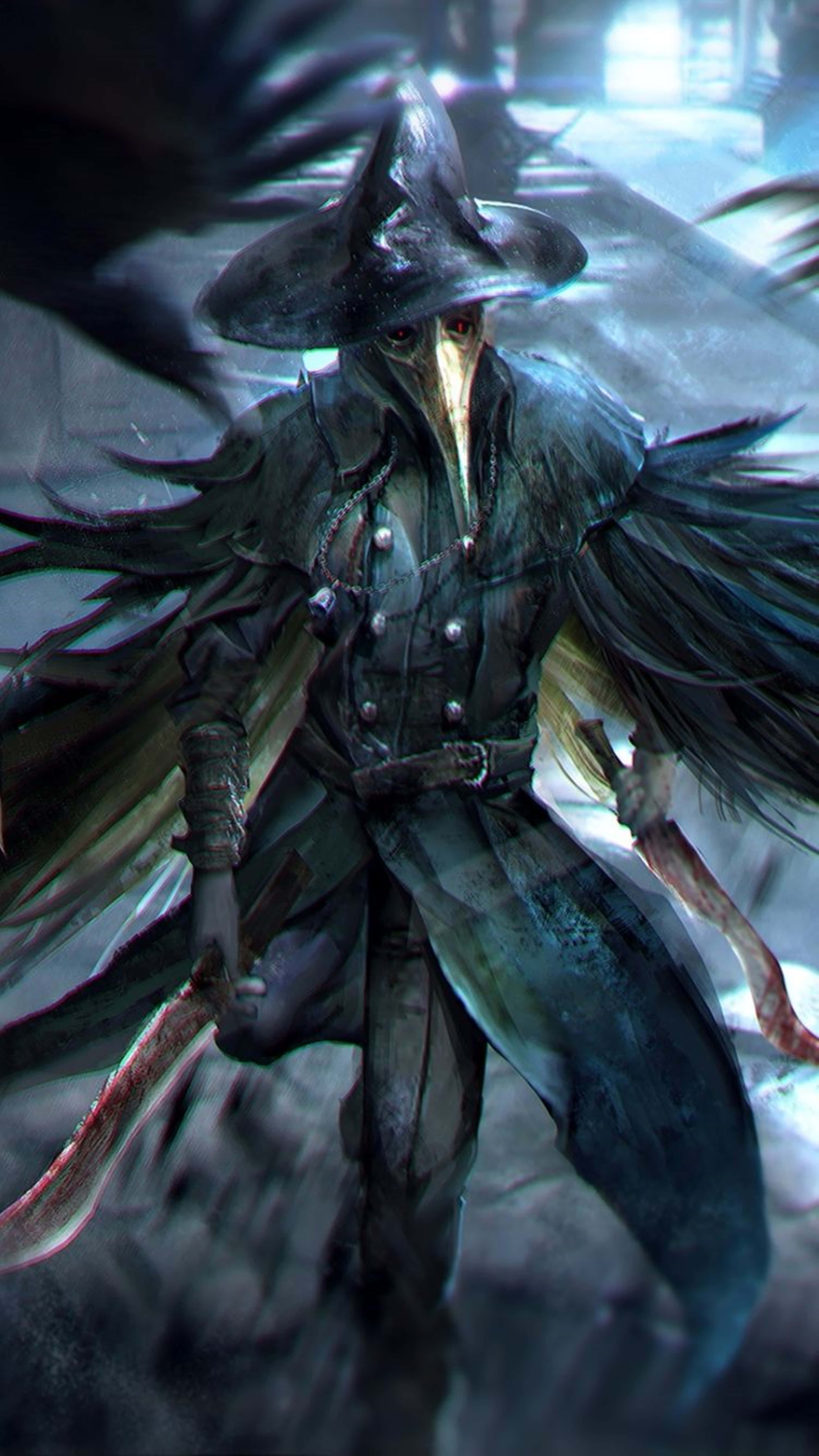 電玩遊戲 桌布 壁紙 — 一位黑暗的瘟疫醫生，戴著長喙面具和羽毛斗篷，在迷霧籠罩、陰森詭異的環境中揮舞著一把血淋淋的利刃。