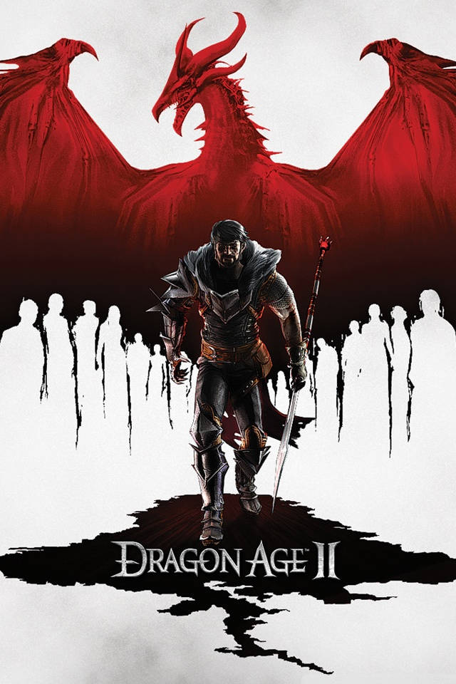 Dragon Age Phone 桌布 壁紙 — 一位黑暗騎士挑釁地站在一隻展開翅膀的巨大紅龍前，背景是純白色。
