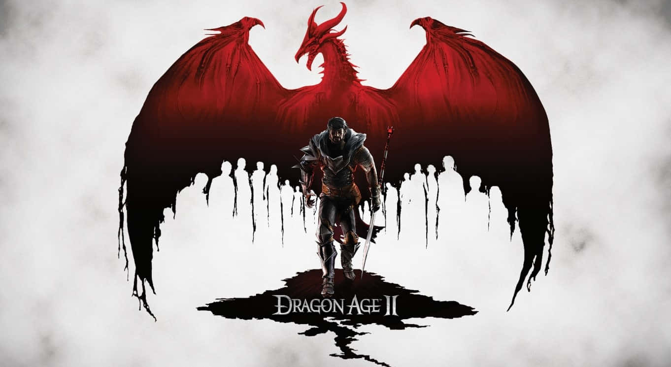 1366x768 Dragon Age Inquisition 桌布 壁紙 — 一位黑暗騎士站在一個巨大的紅色龍剪影前，龍影滴落黑色墨水，背景是煙霧繚繞的白色。