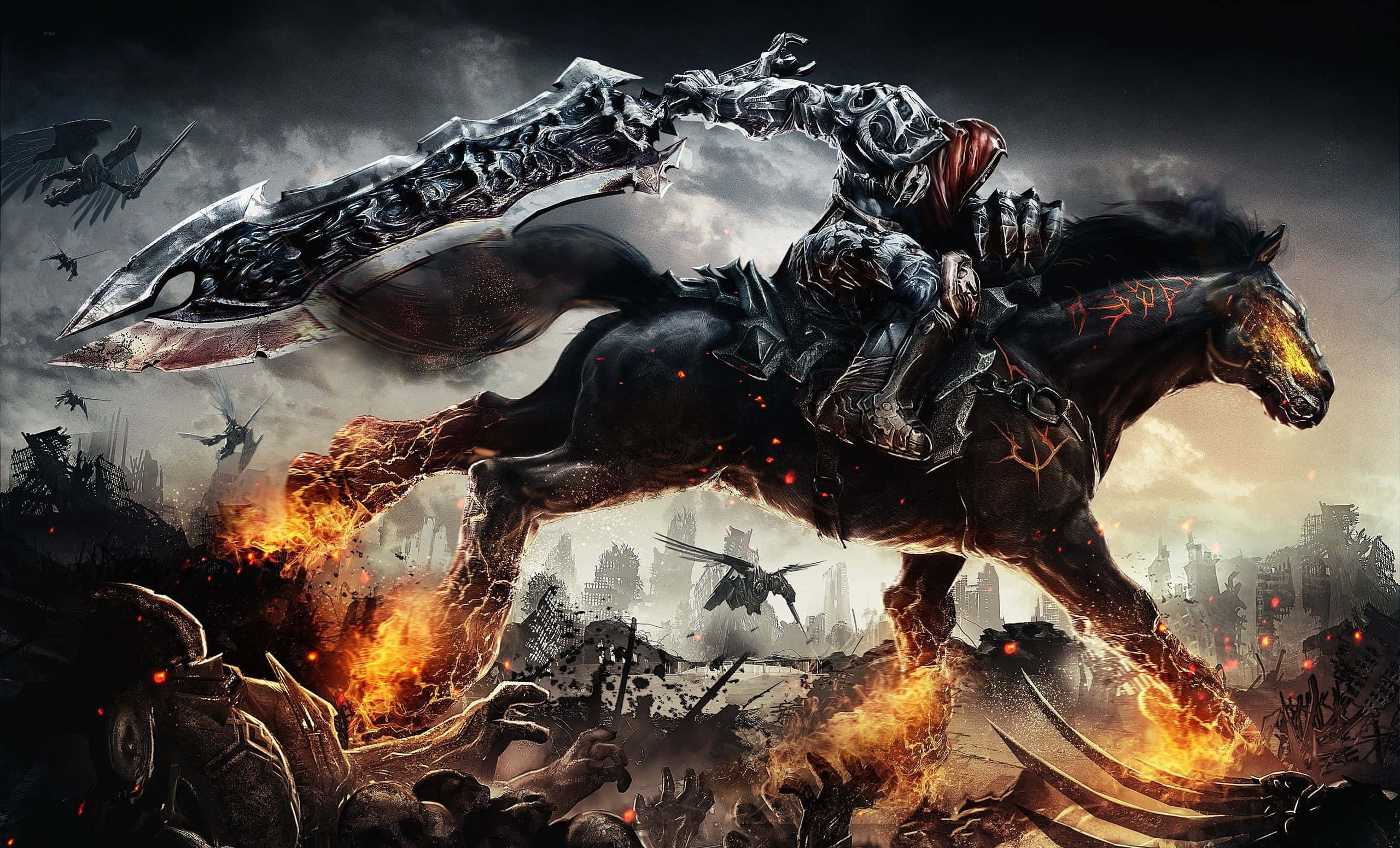Online Games 桌布 壁紙 — 一位黑暗騎士騎著一匹燃燒的黑色戰馬，在暴風雨的天空下衝過燃燒的戰場。