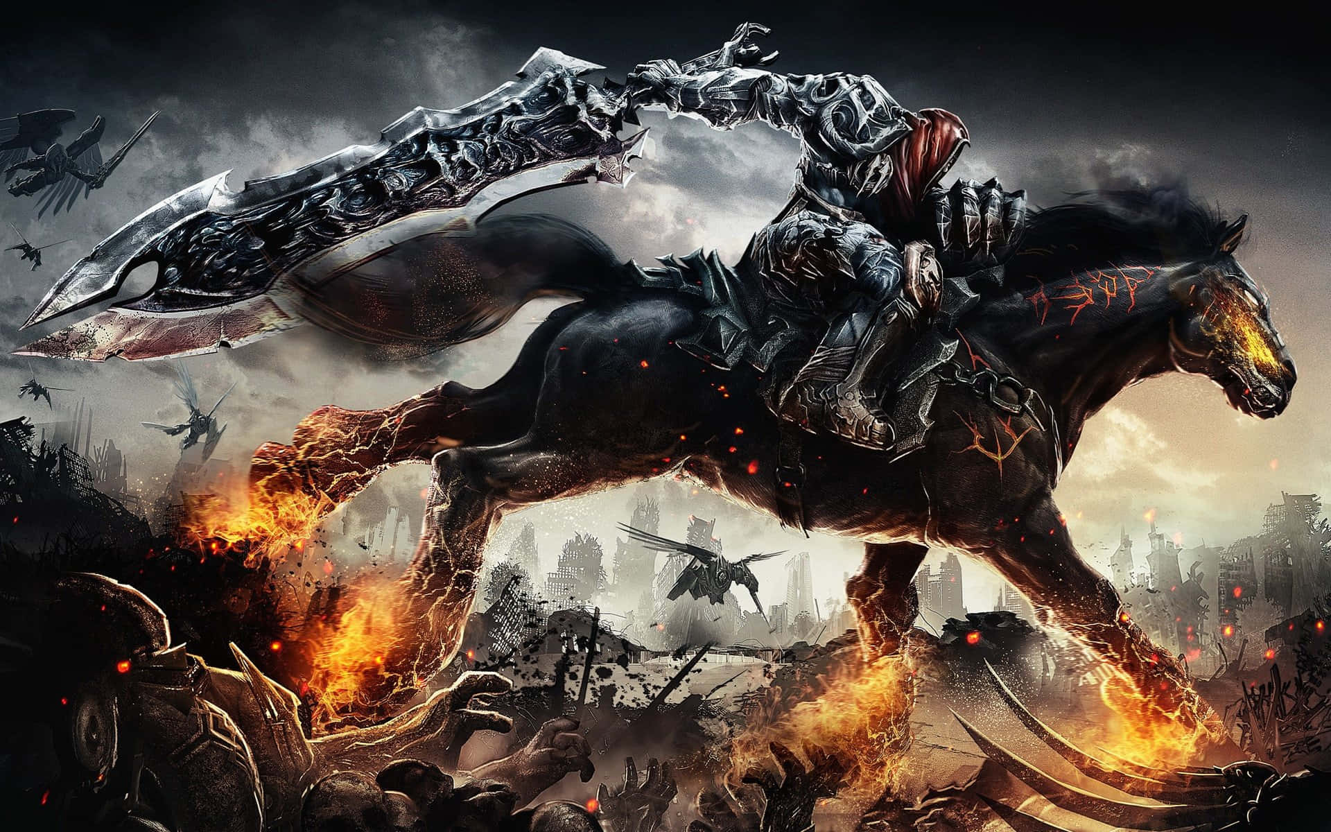 Action Games 桌布 壁紙 — 一位黑暗騎士騎著一匹燃燒的黑色戰馬，與骷髏戰士和飛行生物一起衝過燃燒的戰場。