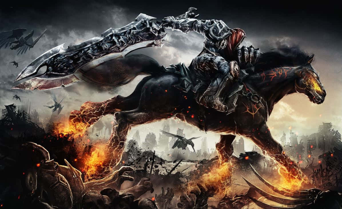 Online Gaming 桌布 壁紙 — 一位黑暗騎士騎著一匹燃燒的黑色戰馬，衝過燃燒的戰場，周圍環繞著骷髏翅膀和熾熱的碎片。