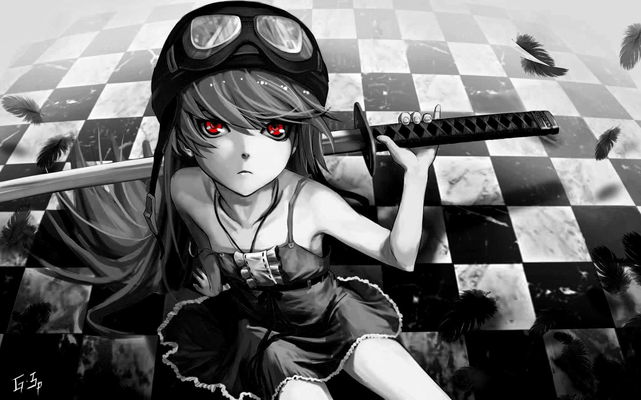 Black And White Anime 桌布 壁紙 — 一位黑白動漫女孩，紅眼睛，戴飛行員護目鏡，在棋盤格地板上手持武士刀，周圍有漂浮的羽毛。