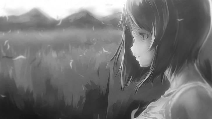 灰階田野中的動漫少女，背景有山