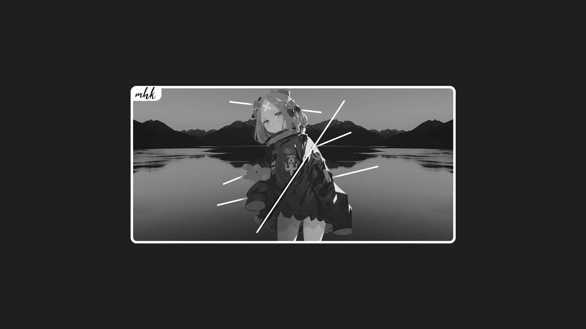 anime black and white 桌布 壁紙 — 一位黑白動畫女孩站在平靜的湖邊，背景有山巒，並以幾何線條框住。