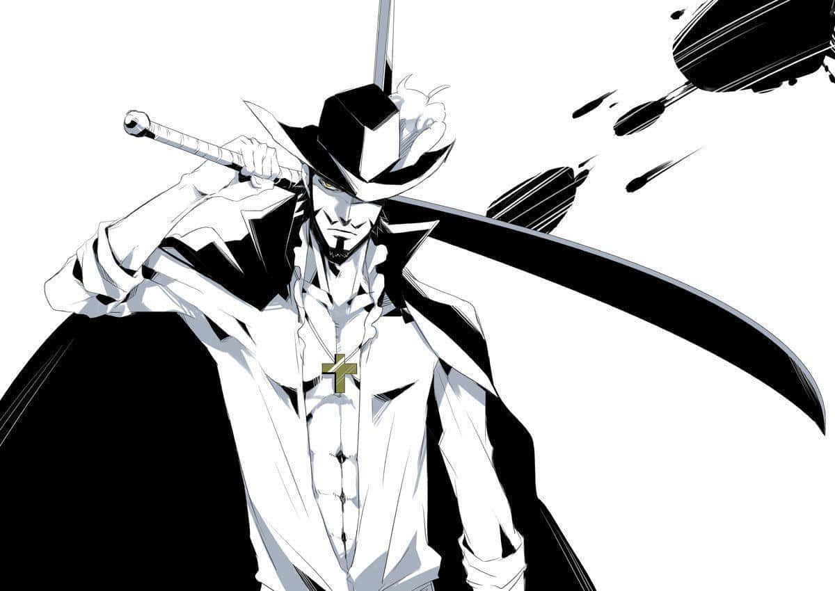 Dracule Mihawk 桌布 壁紙 — 一位黑白動畫戰士，戴著寬邊帽和外套，肩上扛著一把大劍，表情堅定。