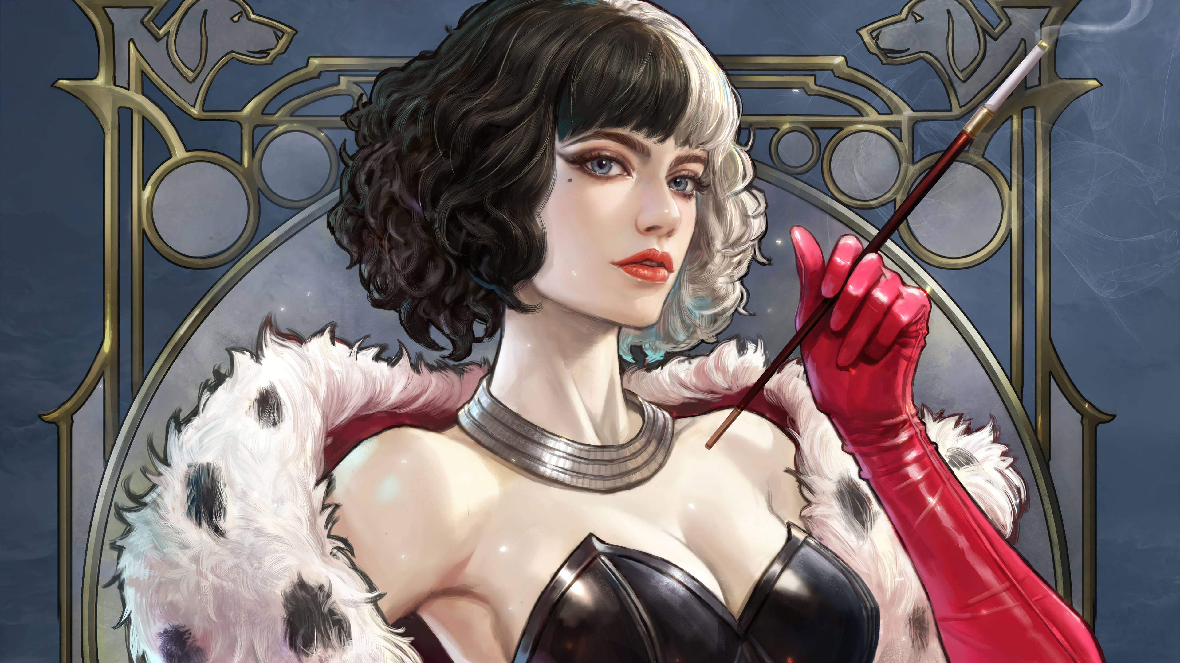 Cruella 桌布 壁紙 — 一位黑白色頭髮的迷人女性穿著斑點皮草外套和紅色手套，手持香煙靠在華麗的金色畫框上。