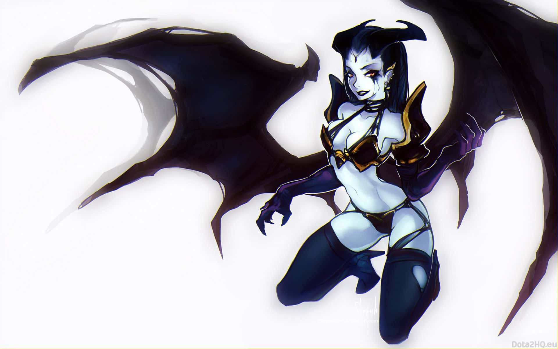 Queen Of Pain 桌布 壁紙 — 一位黑翼動畫女惡魔，長著黑色角和金色鎧甲，蹲在純白背景前。