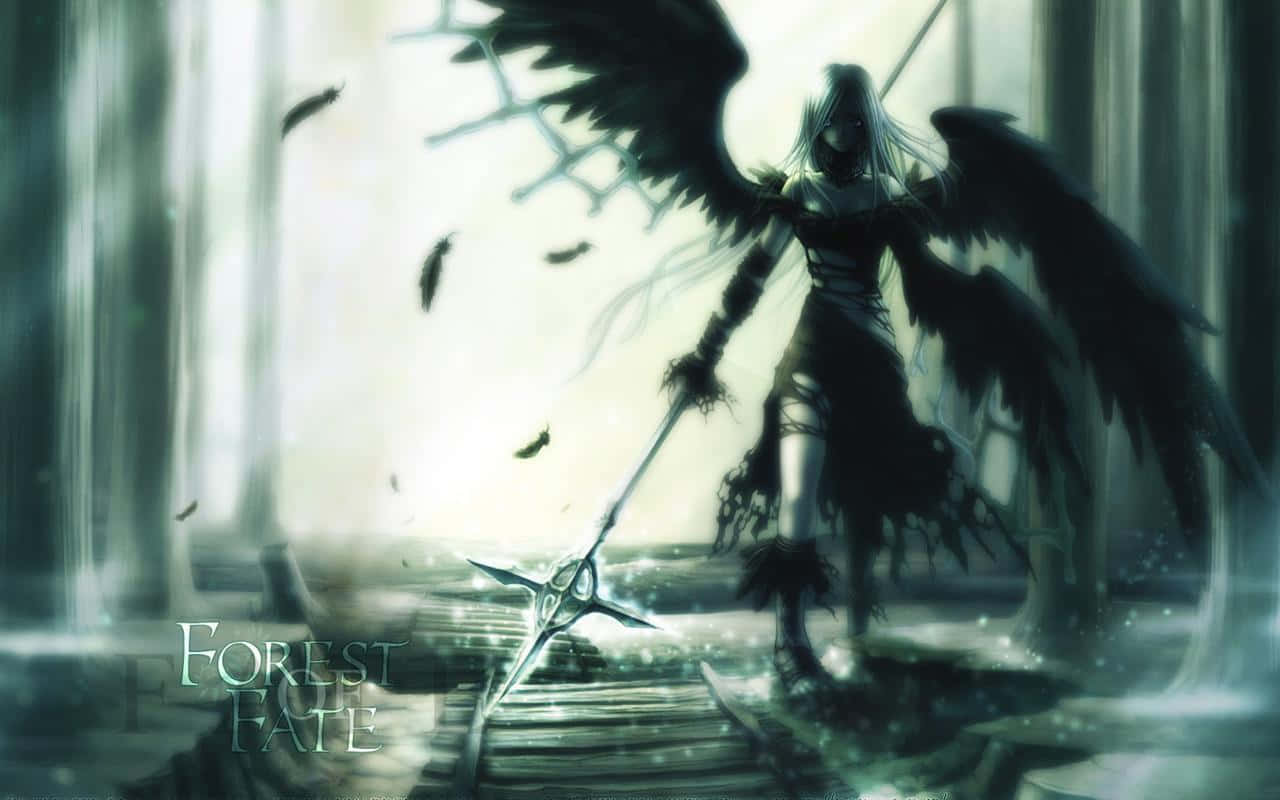 Sad Anime Death 桌布 壁紙 — 一位黑翼天使戰士站在迷霧森林中，手持長矛，矛尖發光。
