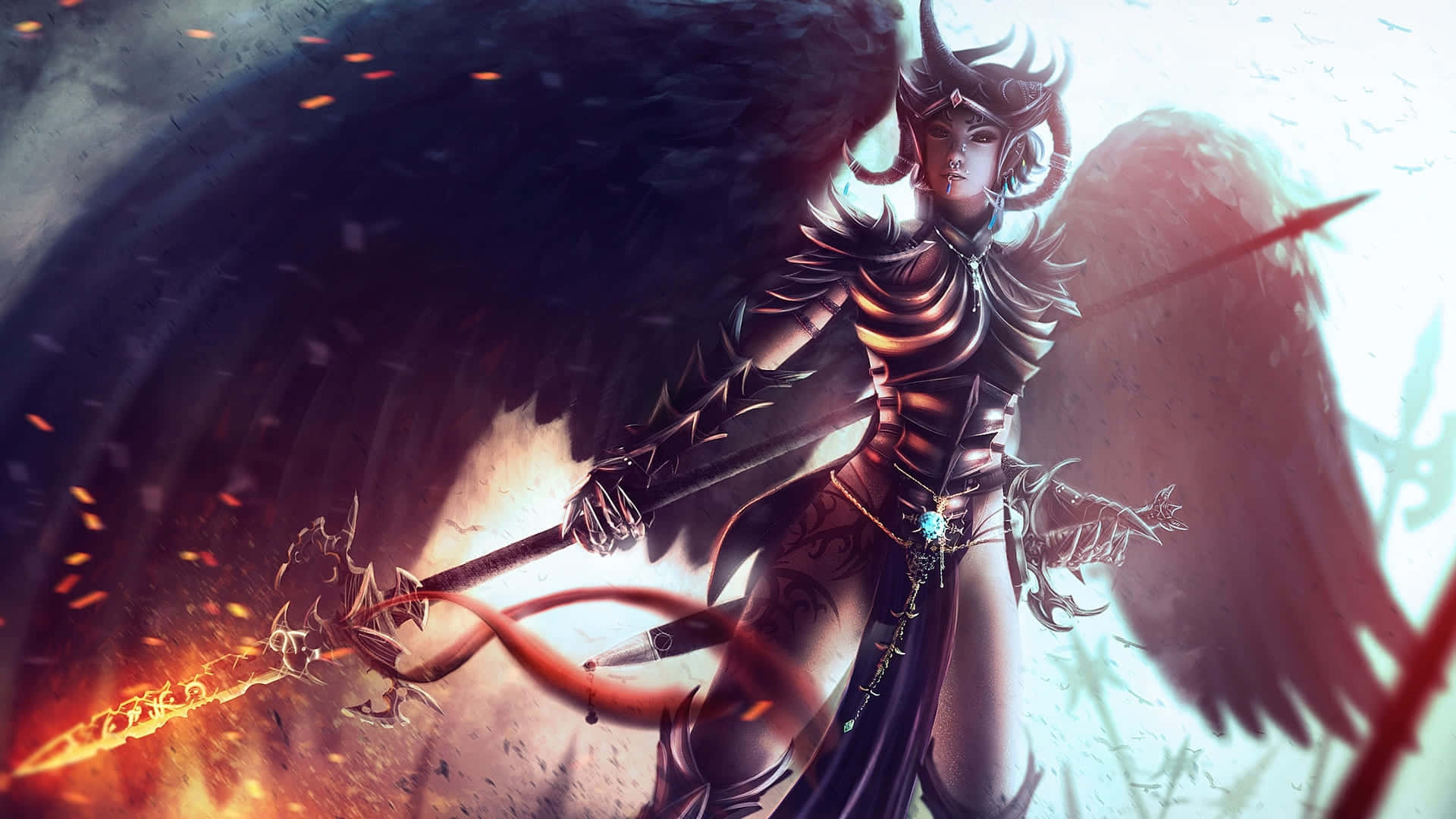 character design 桌布 壁紙 — 一位黑翼天使戰士身穿華麗盔甲，在風暴背景和發光的餘燼中揮舞著火焰劍。