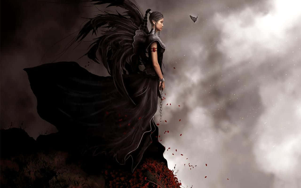 Evil Fairy 桌布 壁紙 — 一位黑翼女子身穿飄逸黑色長袍，站在懸崖邊，紅色花瓣在暴風雨的灰色天空下飄落。