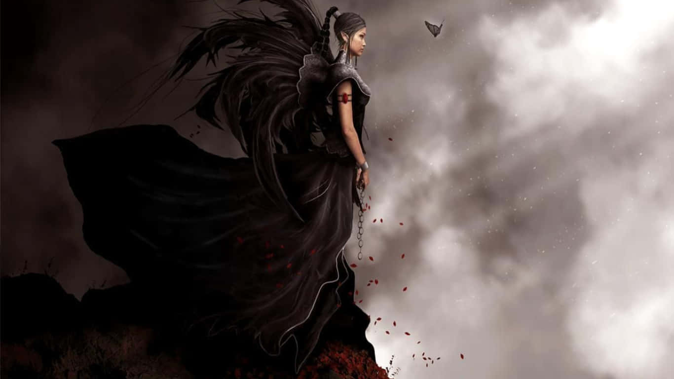 Dark Tales 桌布 壁紙 — 一位黑翼女子身穿飄逸黑色長袍，站在懸崖邊緣，紅色花瓣在暴風雨的灰色雲層中飄舞。