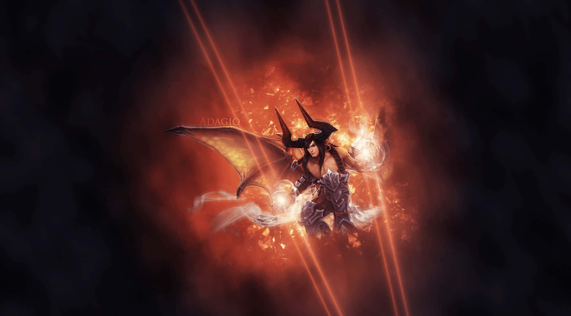 Vainglory 桌布 壁紙 — 一位黑翼戰士在黑色背景上，於發光的橙色光環中引導火焰魔法。