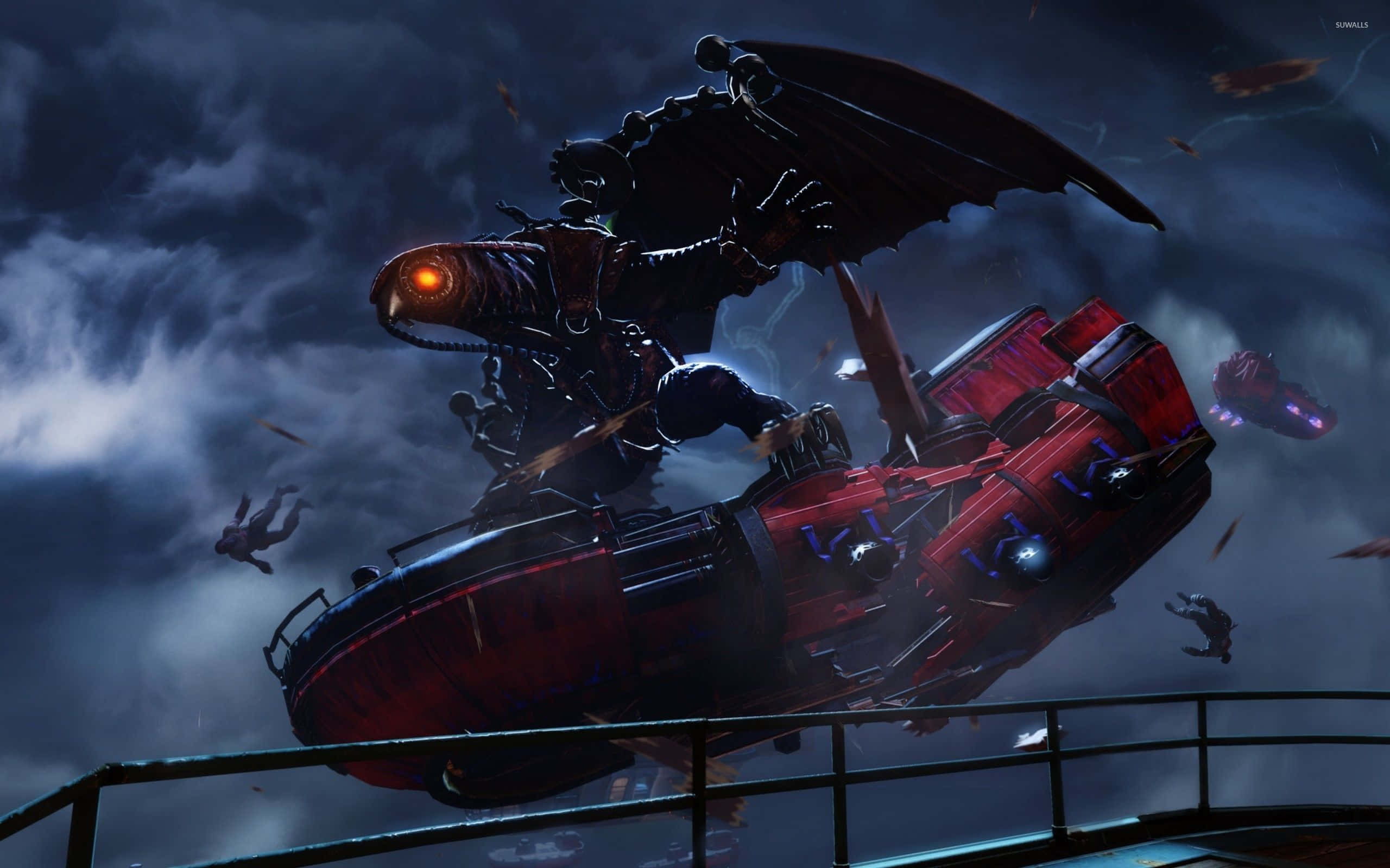 Best Bioshock Infinite 桌布 壁紙 — 一位黑翼戰士騎著紅色裝甲車穿過暴風雨的天空，周圍有墜落的碎片和遠處的飛行機器。
