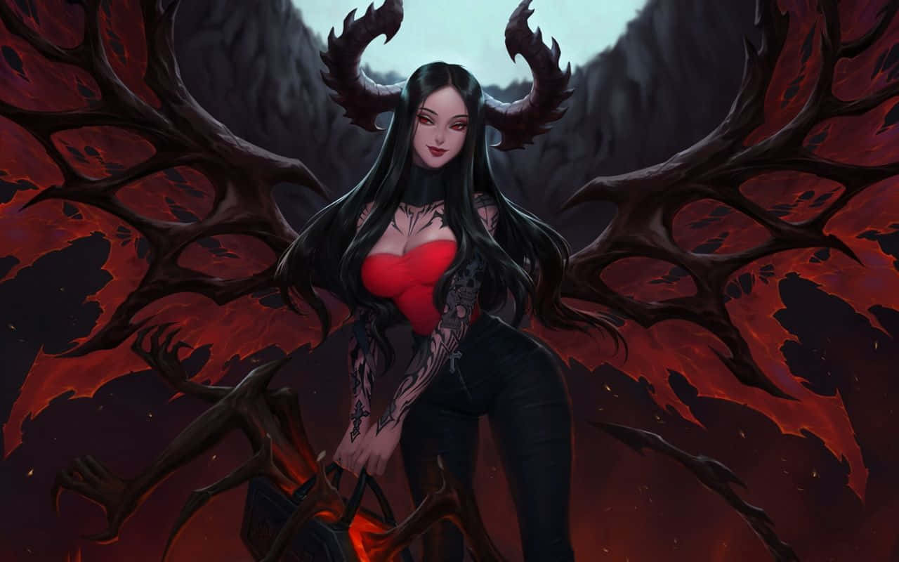 1280x800 桌布 壁紙 — 一位黑色角和紅色翅膀的黑暗奇幻動漫女性自信地站在火熱的洞穴環境中。