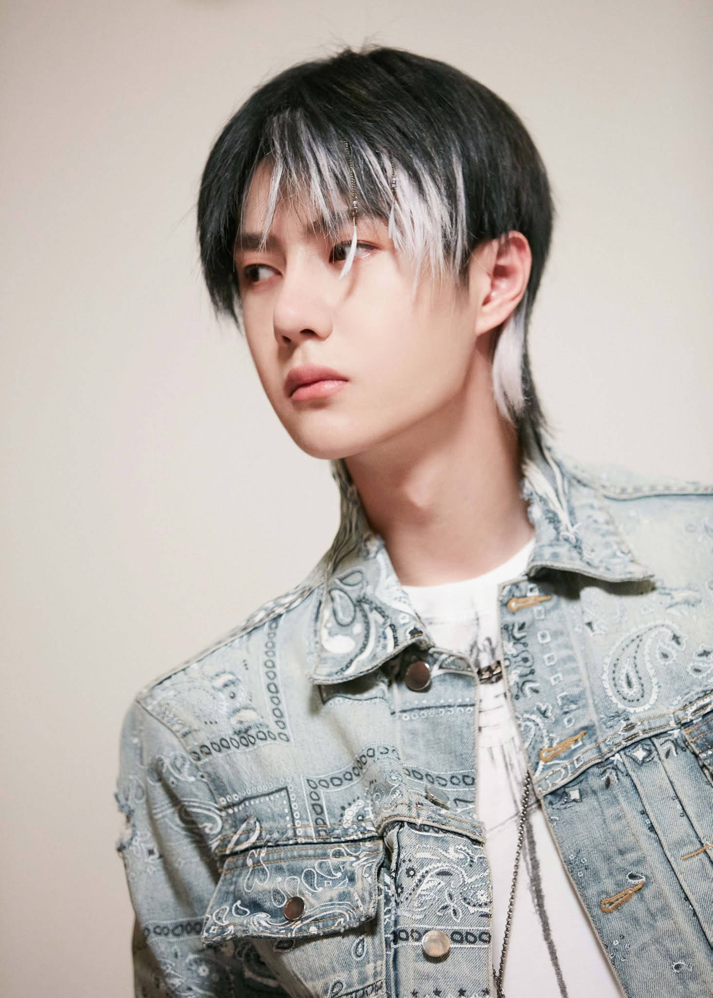Wang Yibo 桌布 壁紙 — 一位黑銀色頭髮的年輕男子，在純色背景前穿著一件刺繡豐富的牛仔外套。