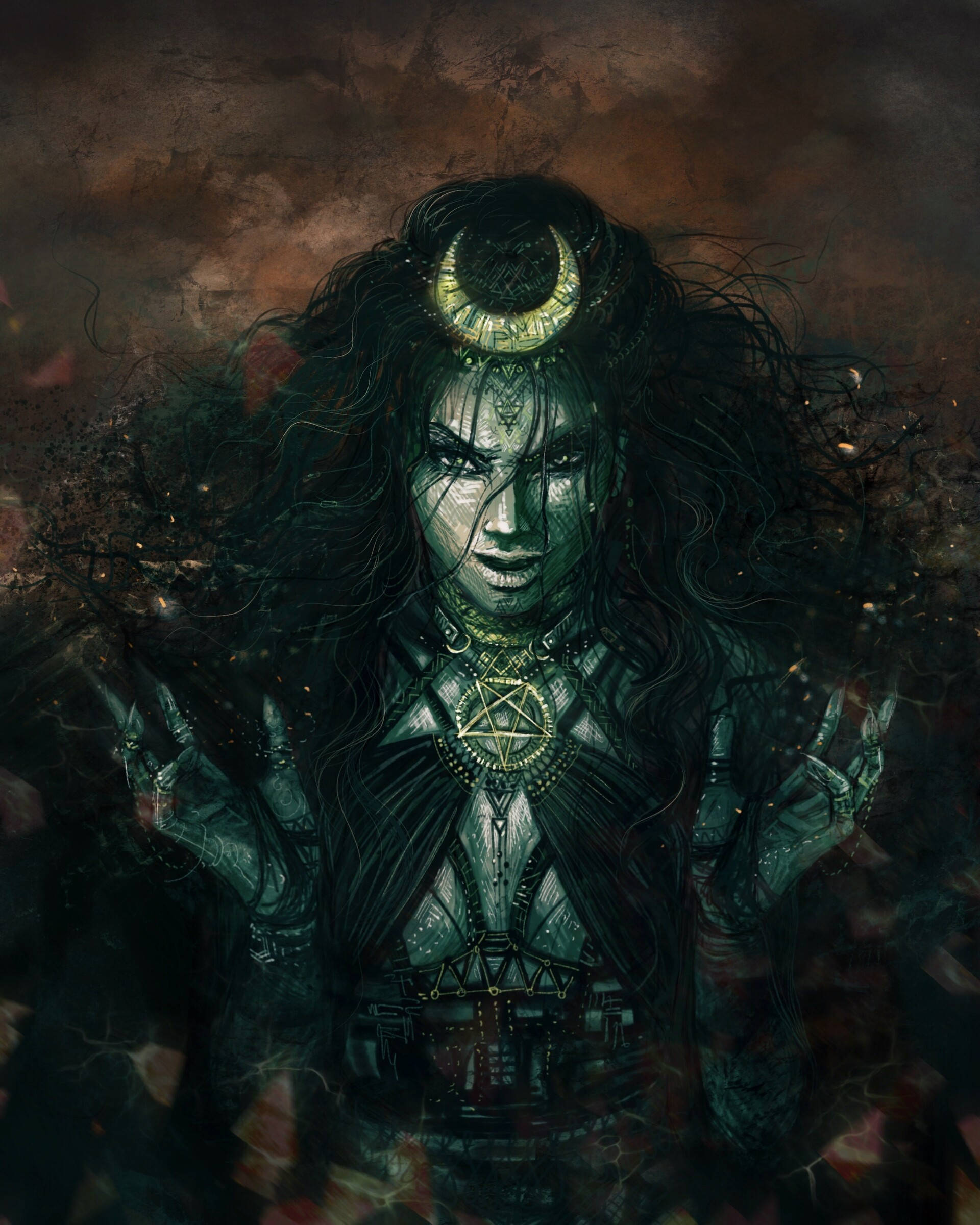 Enchantress 桌布 壁紙 — 一位黑長髮、綠眼睛發光的黑暗奇幻女巫，在暴風雨般的深紅與黑色背景前佩戴華麗的金屬首飾。