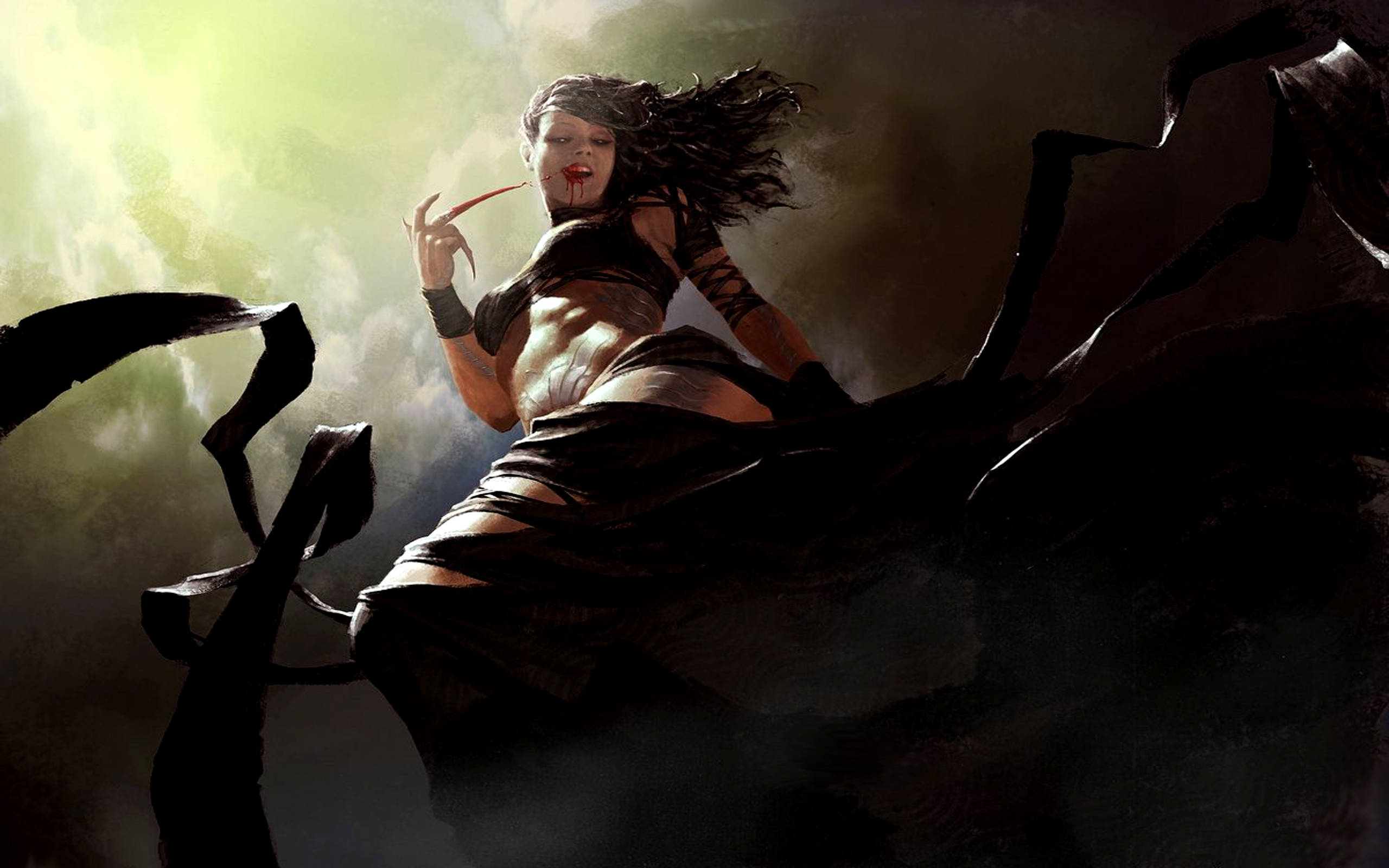 Vampire 桌布 壁紙 — 一位黑髮、嘴唇沾血的兇猛女戰士，在發光的綠色天空下，於旋轉的黑暗藤蔓中揮舞著彎曲的刀刃。