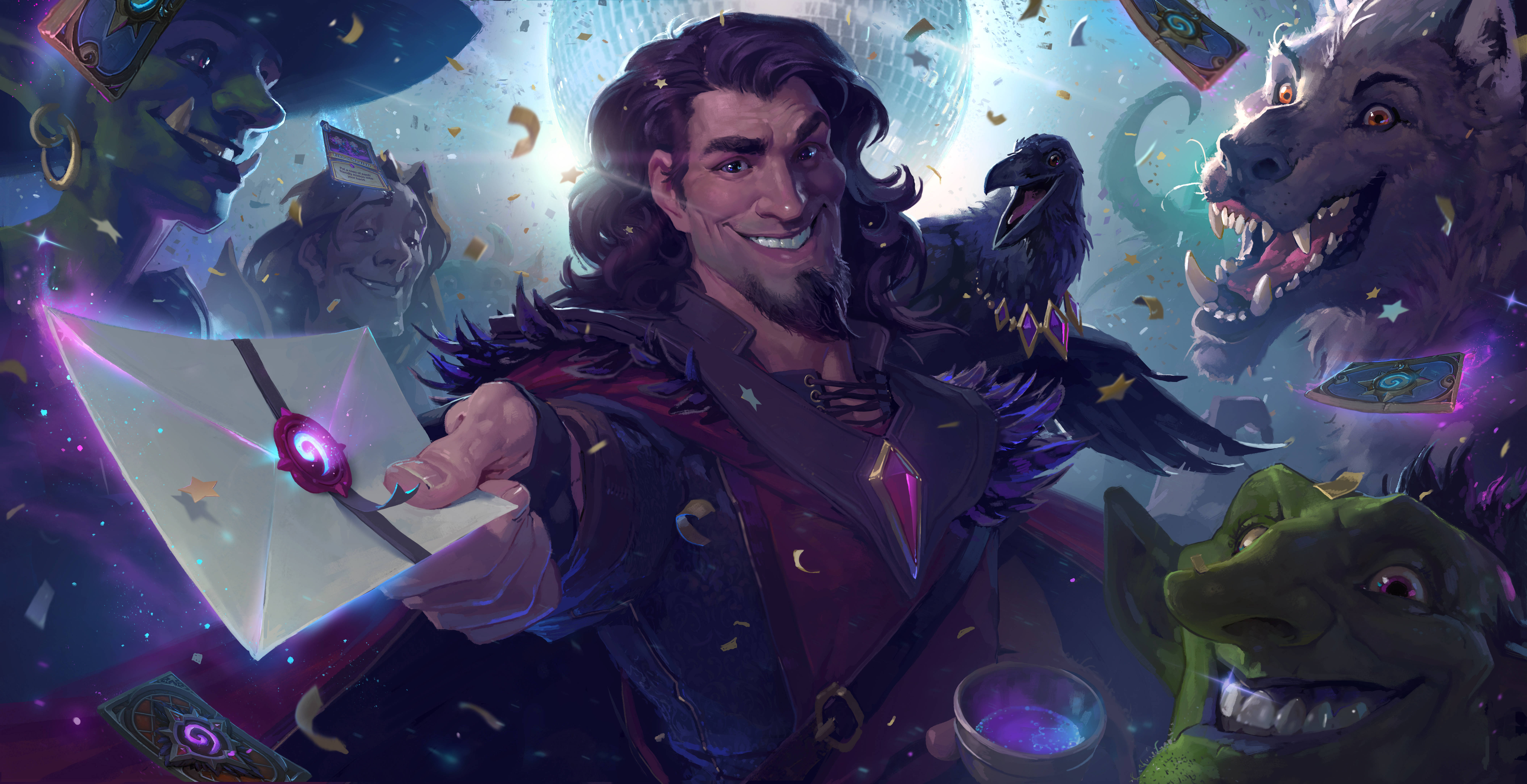 Hearthstone 桌布 壁紙 — 一位黑髮、帶著頑皮笑容的魅力巫師，手持一封發光的信件，周圍環繞著奇幻生物和魔法漂浮卡牌。