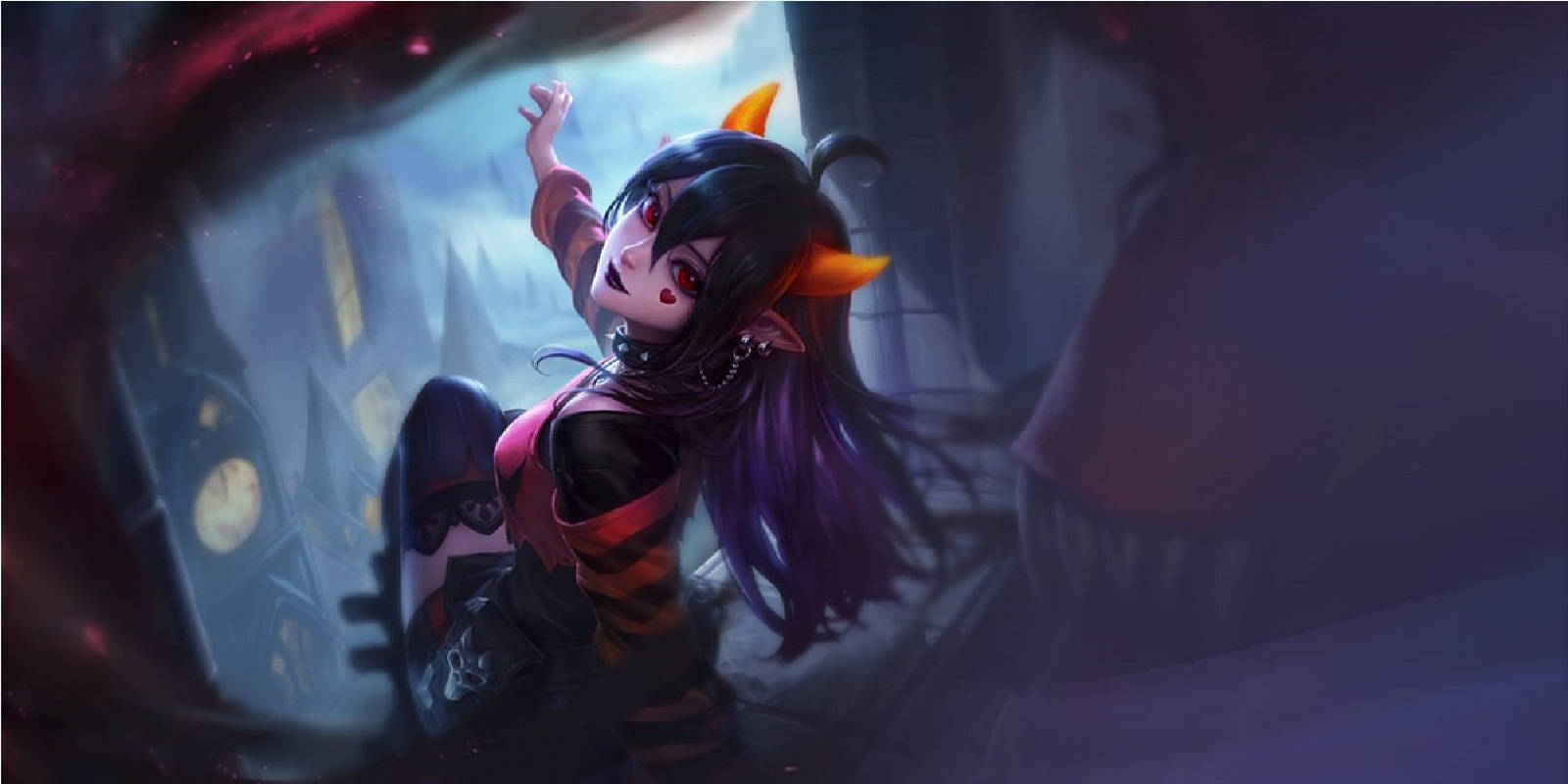 在黑暗哥德式環境中，擁有角和紅眼的動漫女孩。 — Mobile Legends 動態圖 壁紙