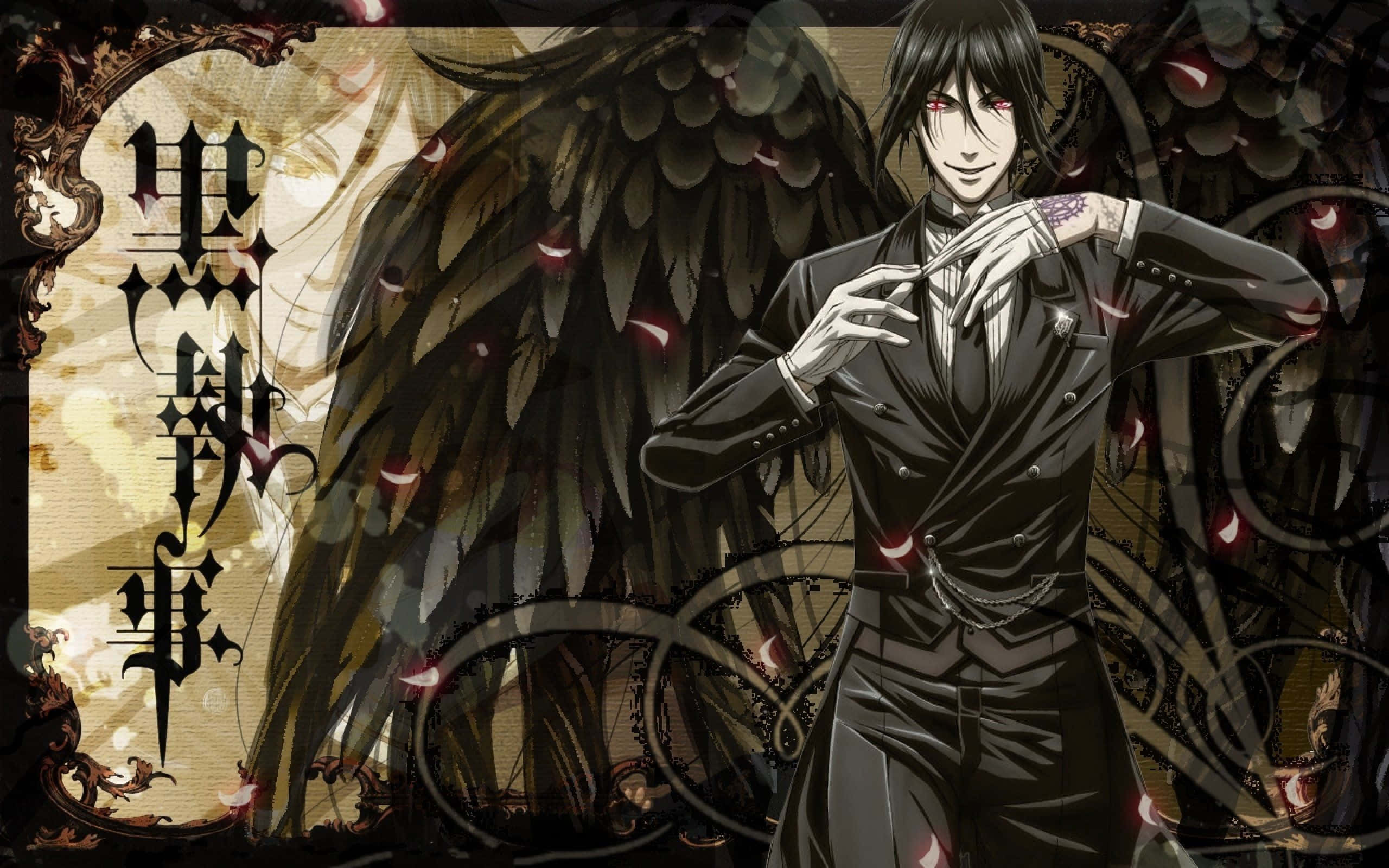 Black Butler 桌布 壁紙 — 一位黑髮、擁有黑色翅膀和紅色眼睛的動漫男性，穿著正式西裝，在華麗的哥德式背景前擺姿勢。