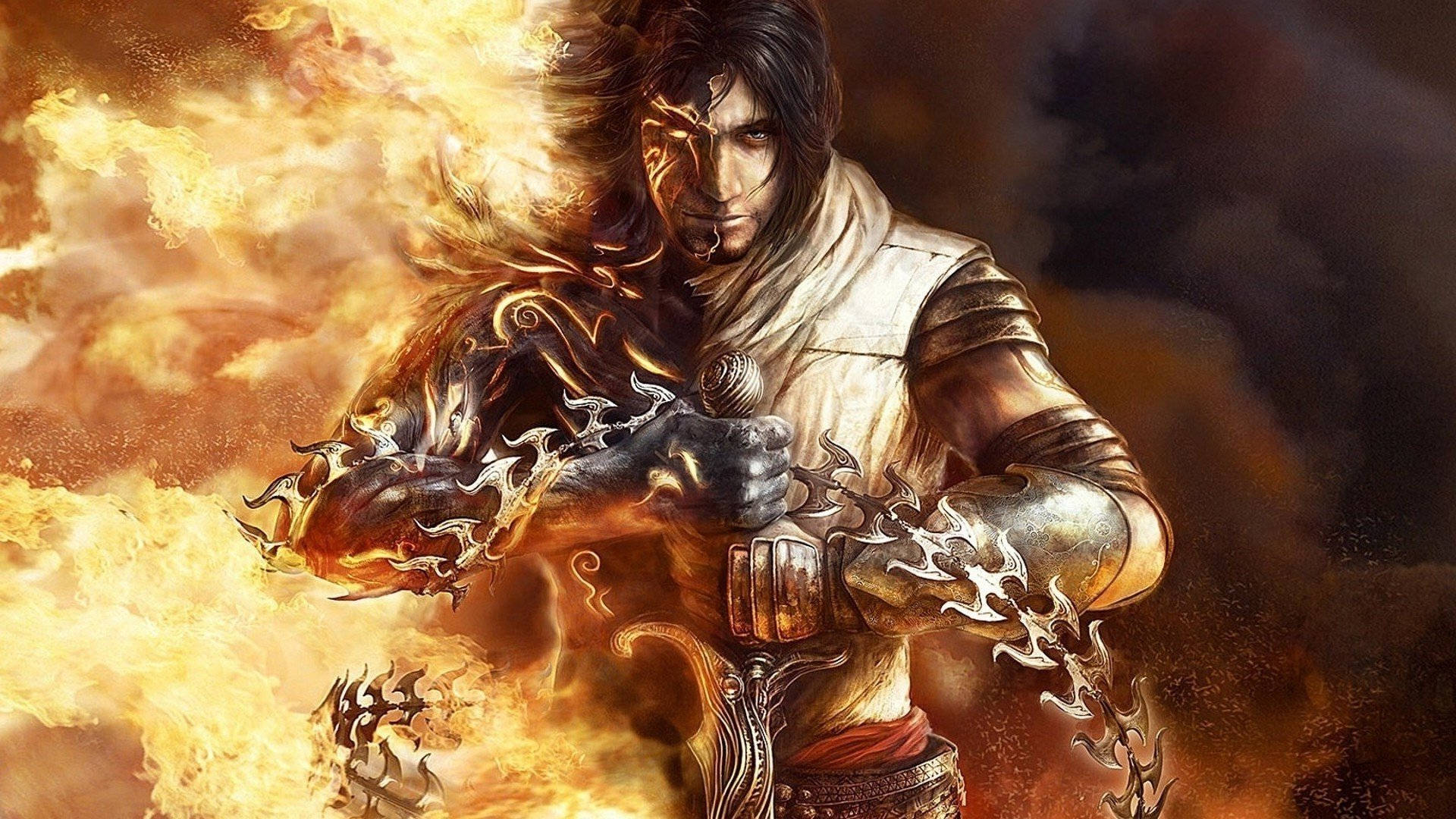 Persia 桌布 壁紙 — 一位黑髮、眼神銳利的戰士，在黑暗煙霧繚繞的背景中，於旋轉的橙色和黃色火焰中揮舞著一把火焰劍。
