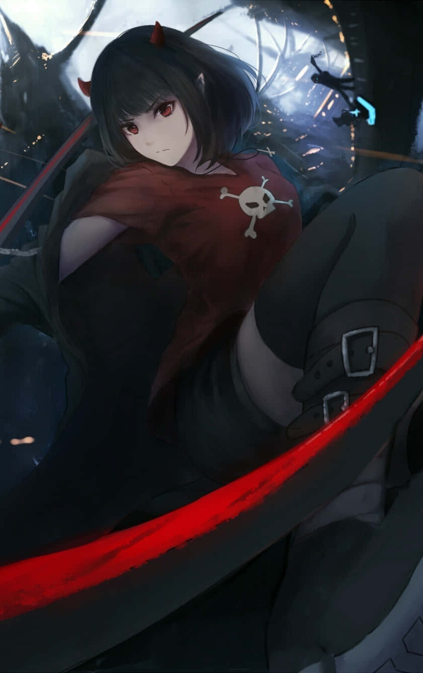 Dark Anime Girl 桌布 壁紙 — 一位黑髮、紅眼、帶有小角的動漫女孩，在陰暗的未來場景中靠著一把發光的紅色刀刃。