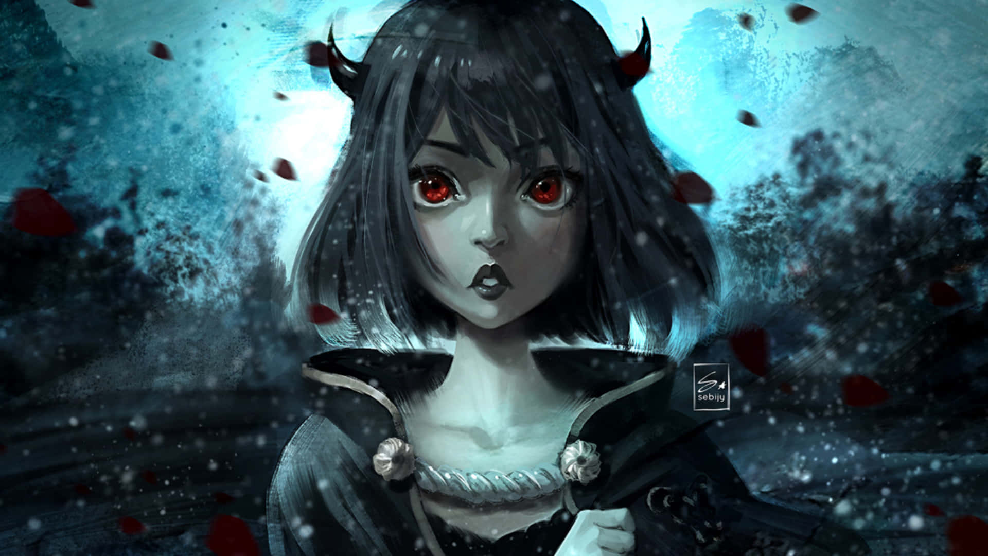 Black Clover Anime 桌布 壁紙 — 一位黑髮、紅眼、長著小角的動漫女孩，站在風暴般的藍灰色風景中，紅色花瓣飄落。