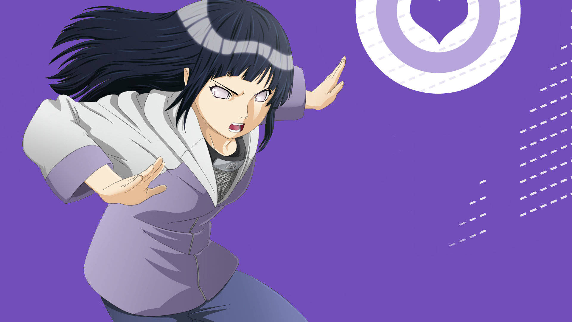 Hinata Hyuga 桌布 壁紙 — 一位黑髮、表情堅定的動漫女孩，在充滿活力的紫色背景前做出動態的手勢。
