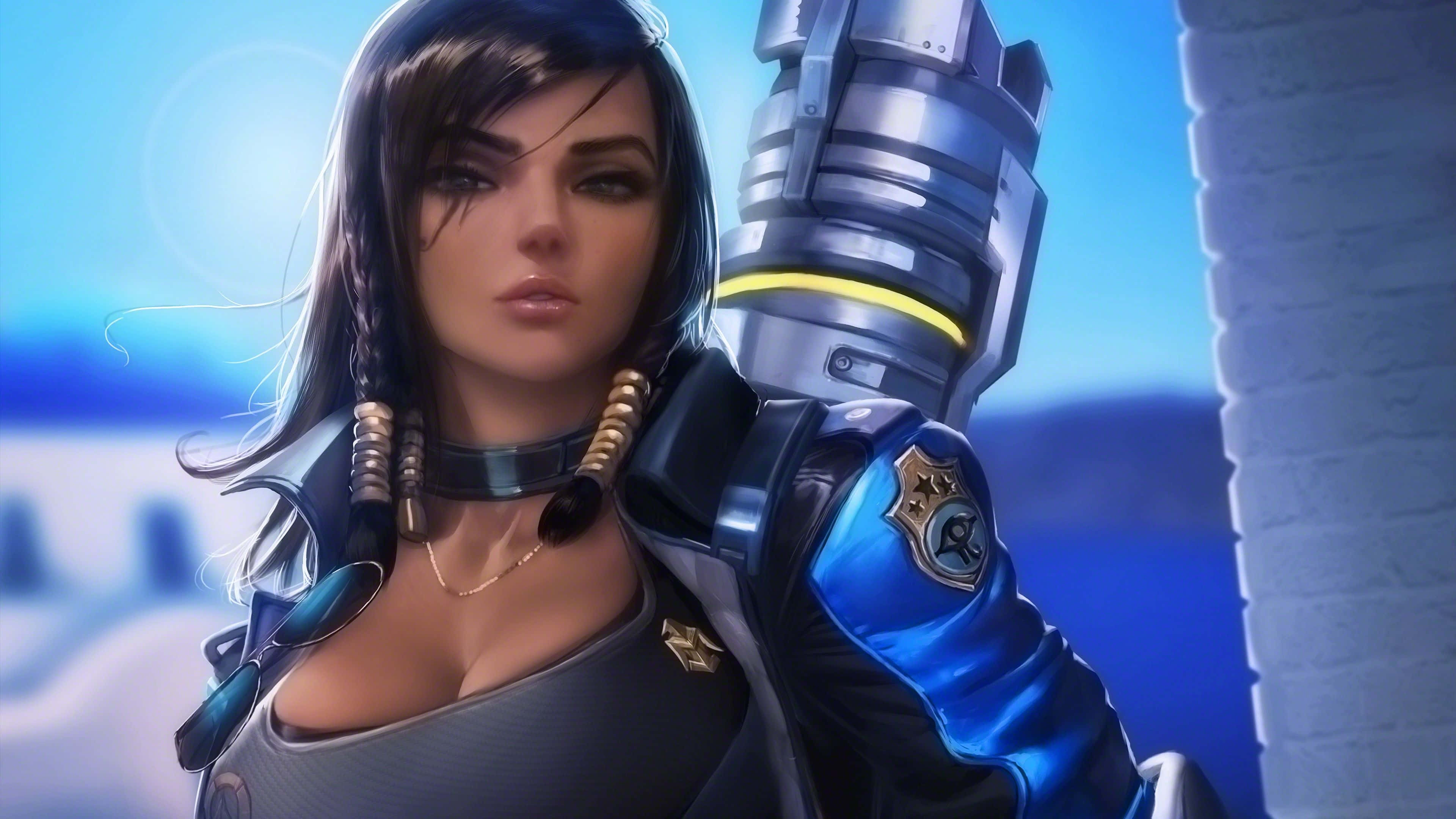 Overwatch Pharah 桌布 壁紙 — 一位黑髮、身穿未來盔甲的女戰士，在明亮的藍天下手持大型科幻武器。