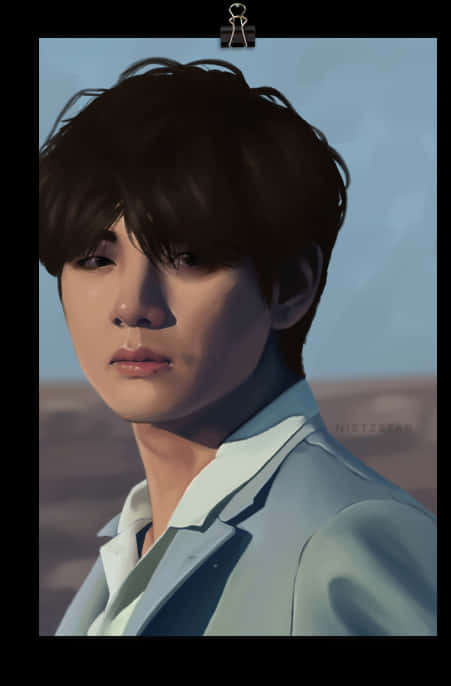 BTS 桌布 壁紙 — 一位黑髮、身穿淺藍色外套的年輕男子，在溫暖的陽光下，對著柔和的沙漠背景若有所思地凝視。